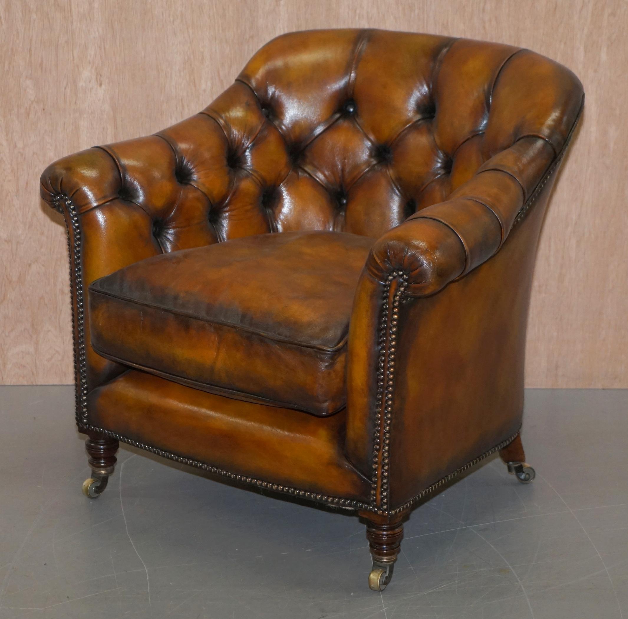 Victorian Fully Restored Howard and Sons Chesterfield Brown Leather Stamped Club Armchair