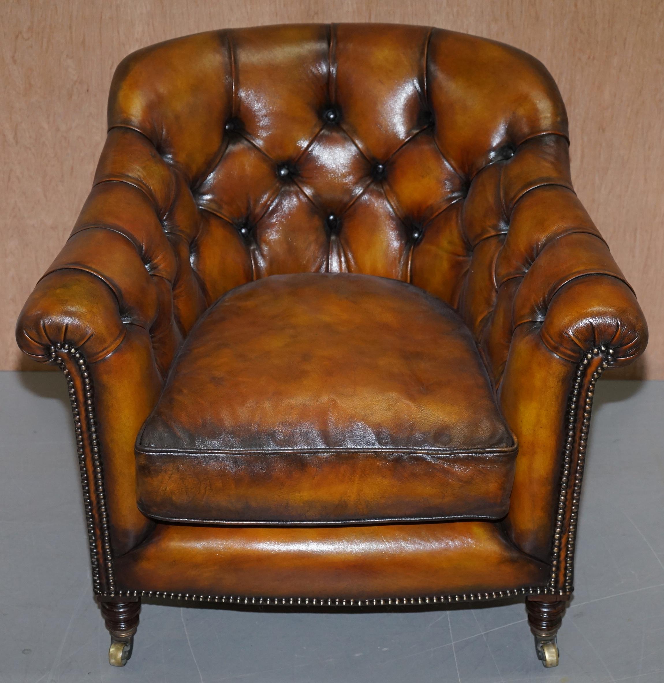 English Fully Restored Howard and Sons Chesterfield Brown Leather Stamped Club Armchair