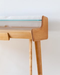 Fully Restored Italian Beechwood White Leather Brass and Glass Console Table