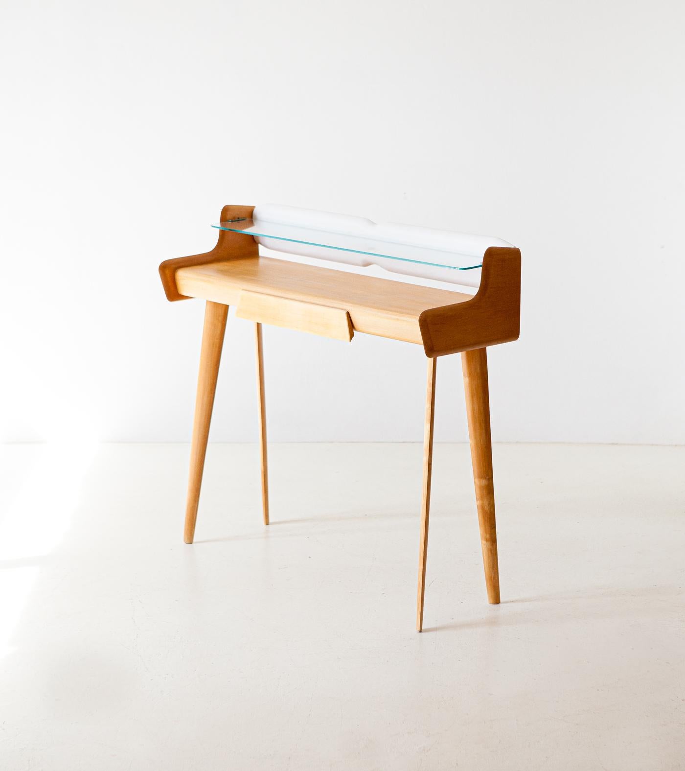 Fully Restored Italian Beechwood White Leather Brass and Glass Console Table 1