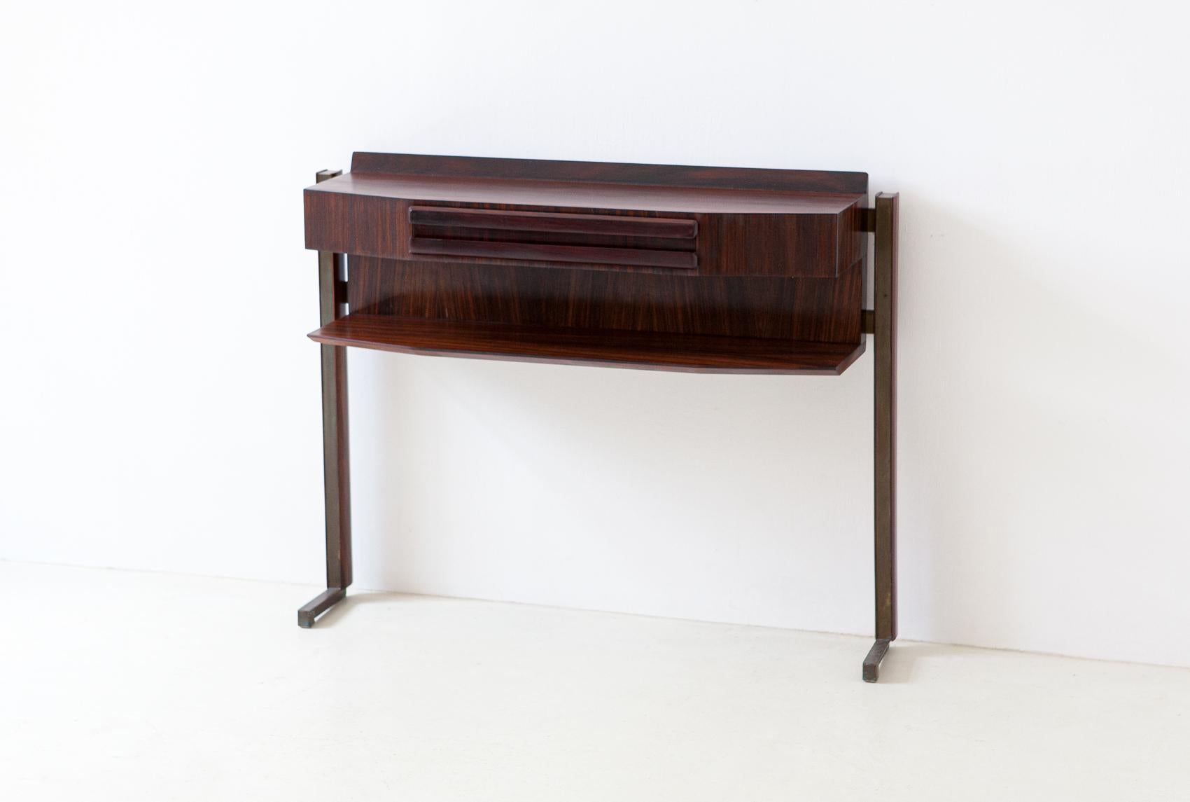 Fully Restored Italian Mid-Century Modern Rosewood and Brass Console Table 3