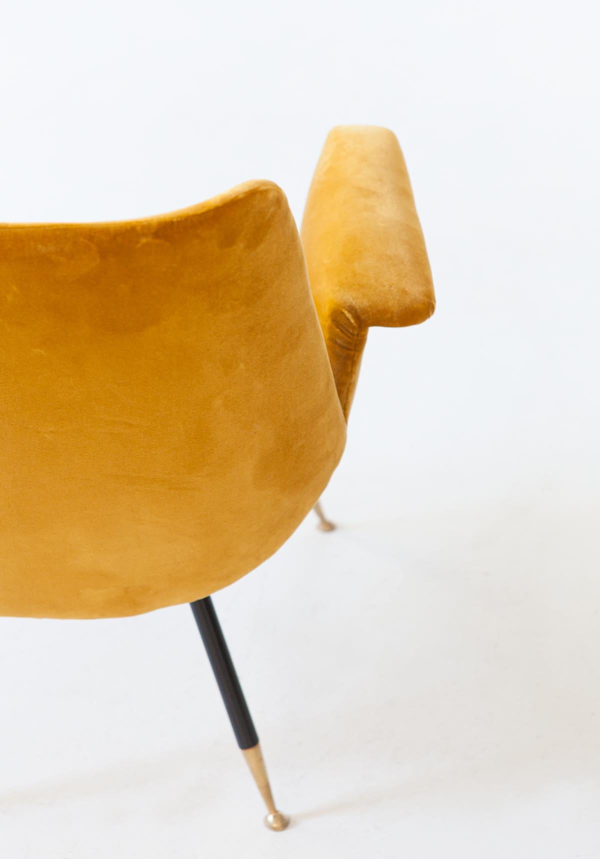 Brass Fully Restored Italian Senape Velvet Lounge Armchair by Gastone Rinaldi
