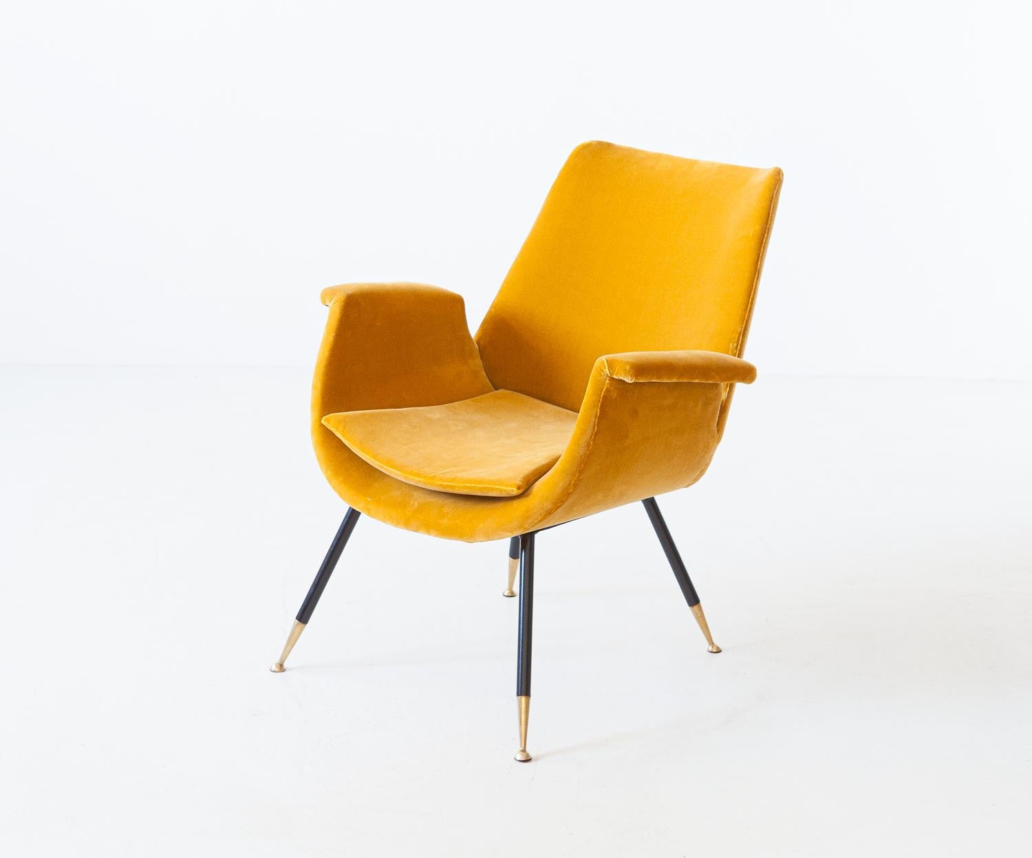Fully Restored Italian Senape Velvet Lounge Armchair by Gastone Rinaldi 1