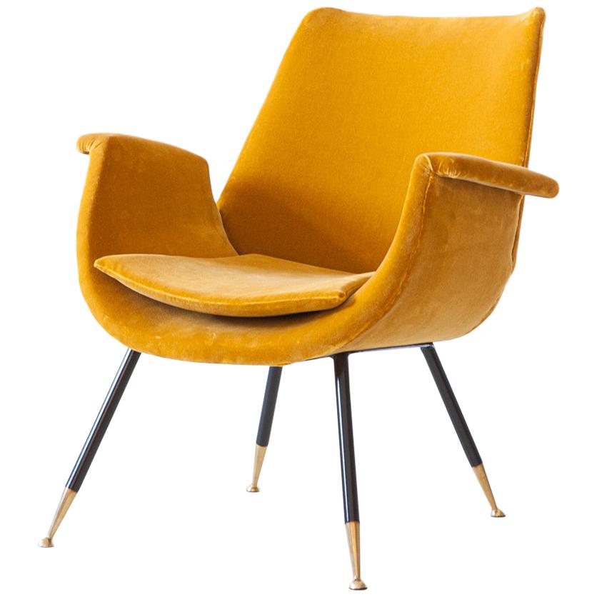 Fully Restored Italian Senape Velvet Lounge Armchair by Gastone Rinaldi