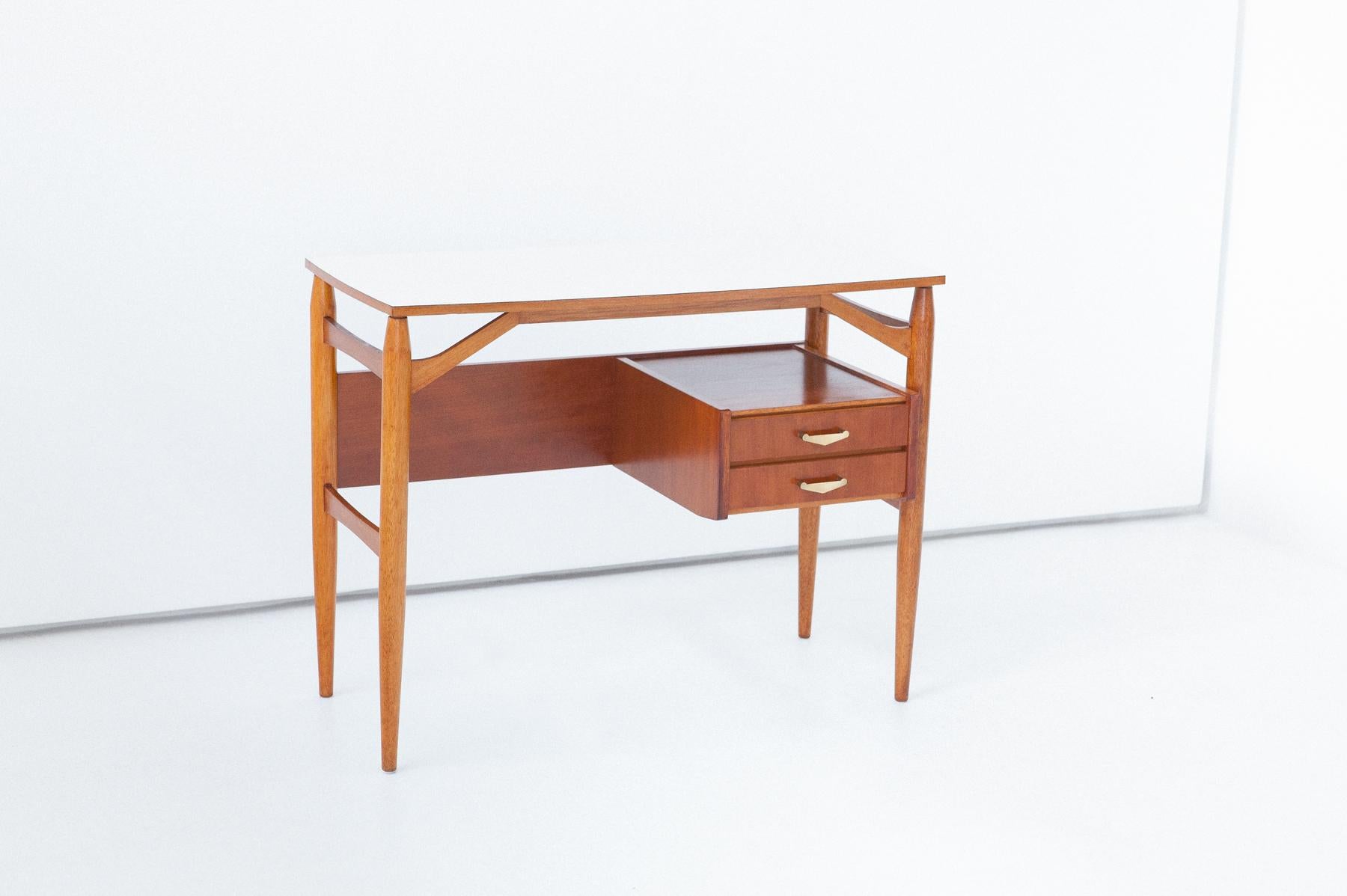 Fully Restored Italian Teak and Brass Desk, 1950s 2