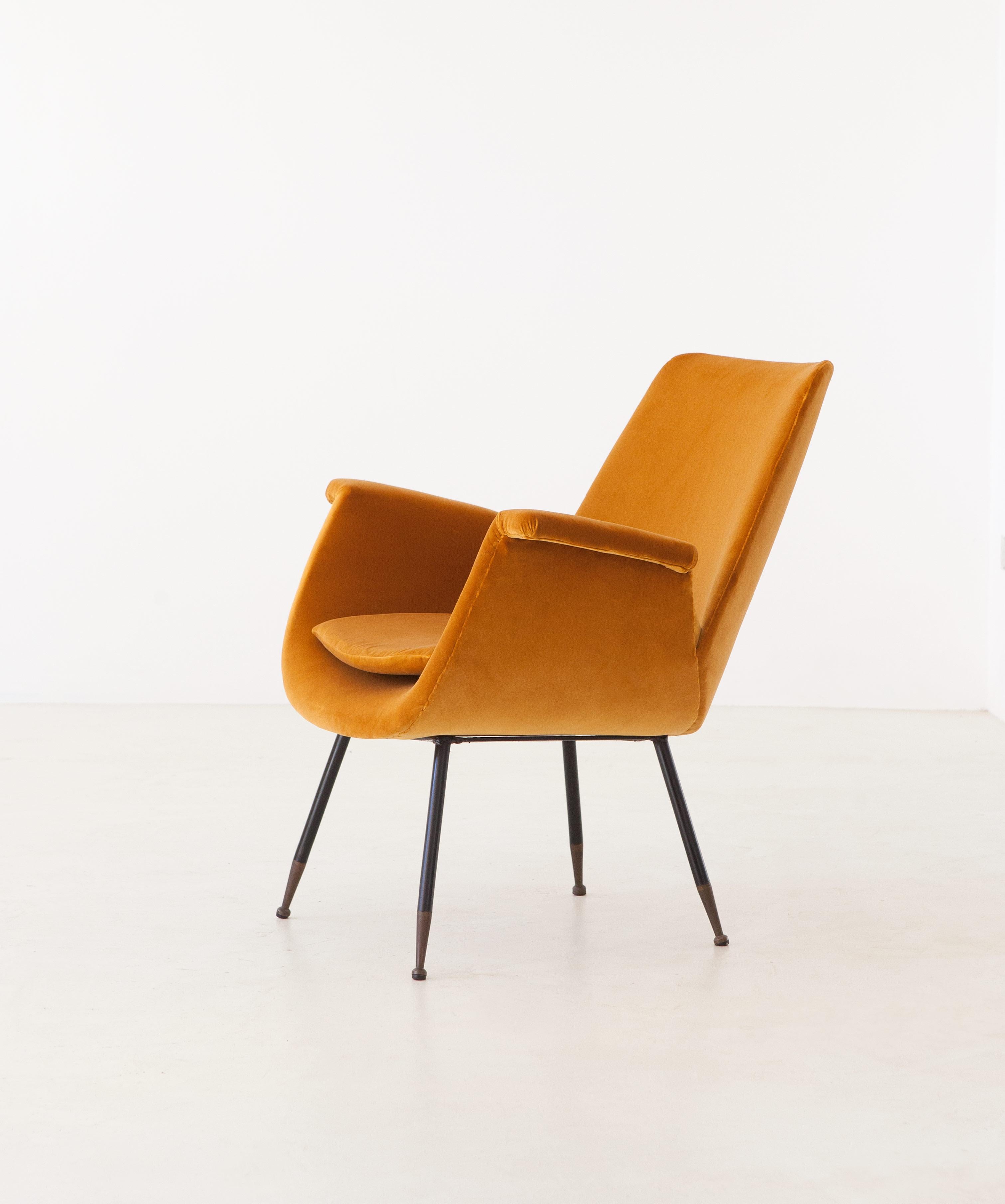 Mid-Century Modern Fully Restored Italian Yellow Velvet Lounge Armchair by Gastone Rinaldi