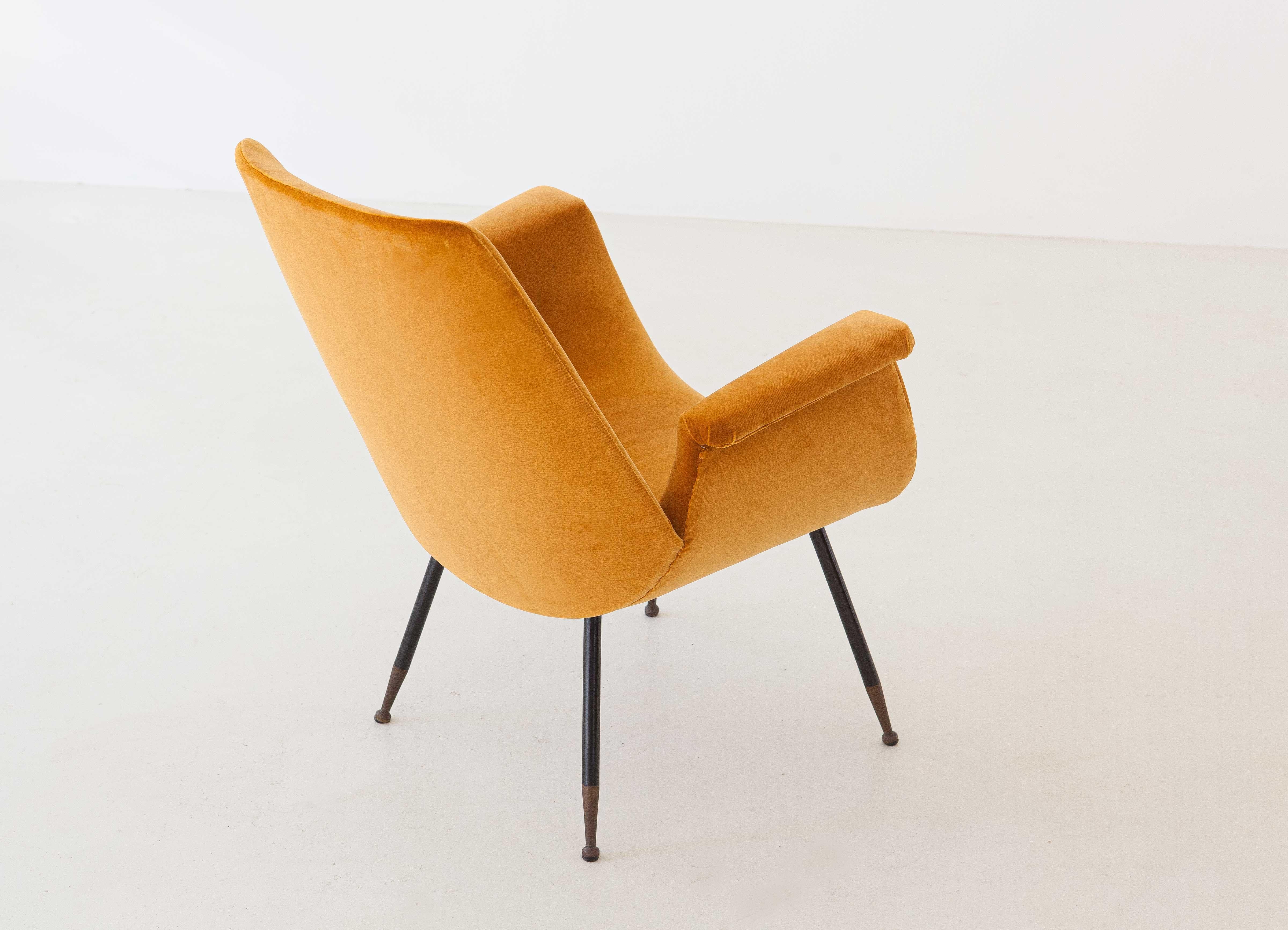 Iron Fully Restored Italian Yellow Velvet Lounge Armchair by Gastone Rinaldi