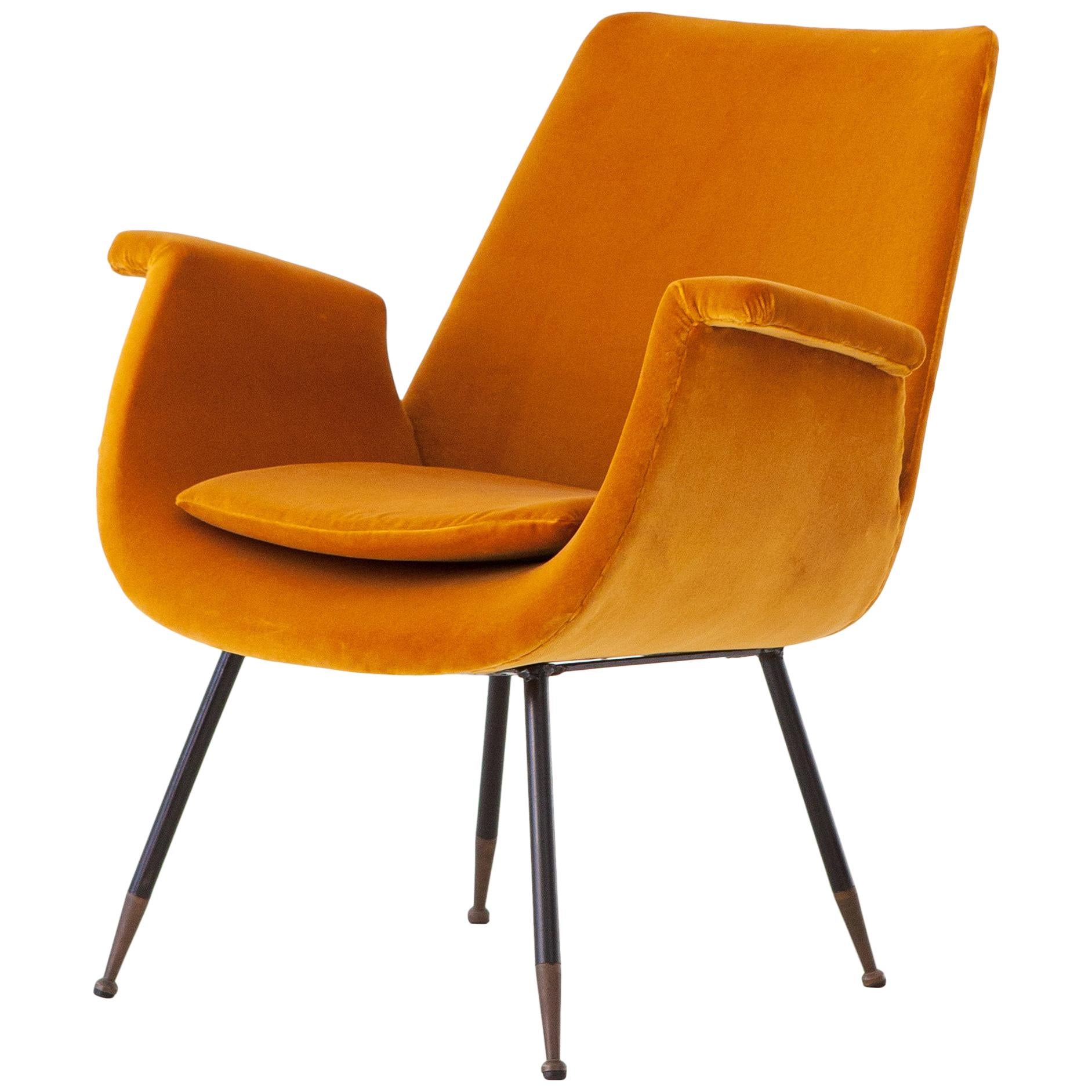 Fully Restored Italian Yellow Velvet Lounge Armchair by Gastone Rinaldi