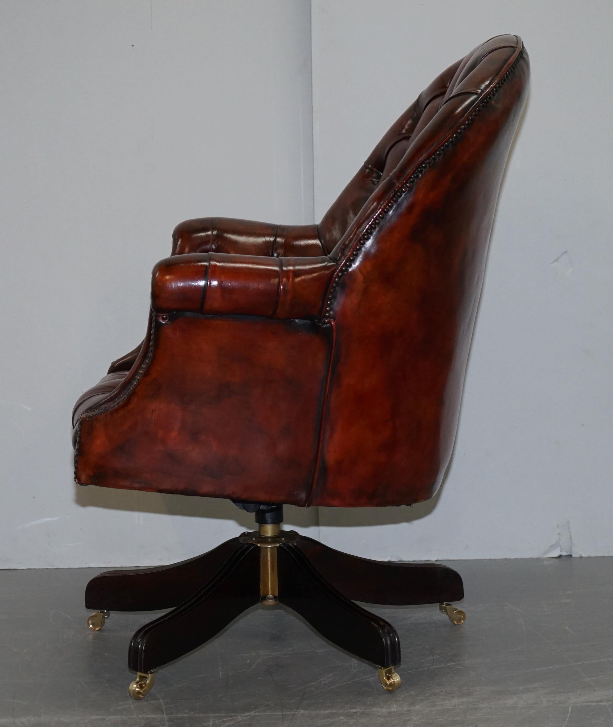 Fully Restored Hardwood Brown Leather Chesterfield Captains Directors Armchair 8
