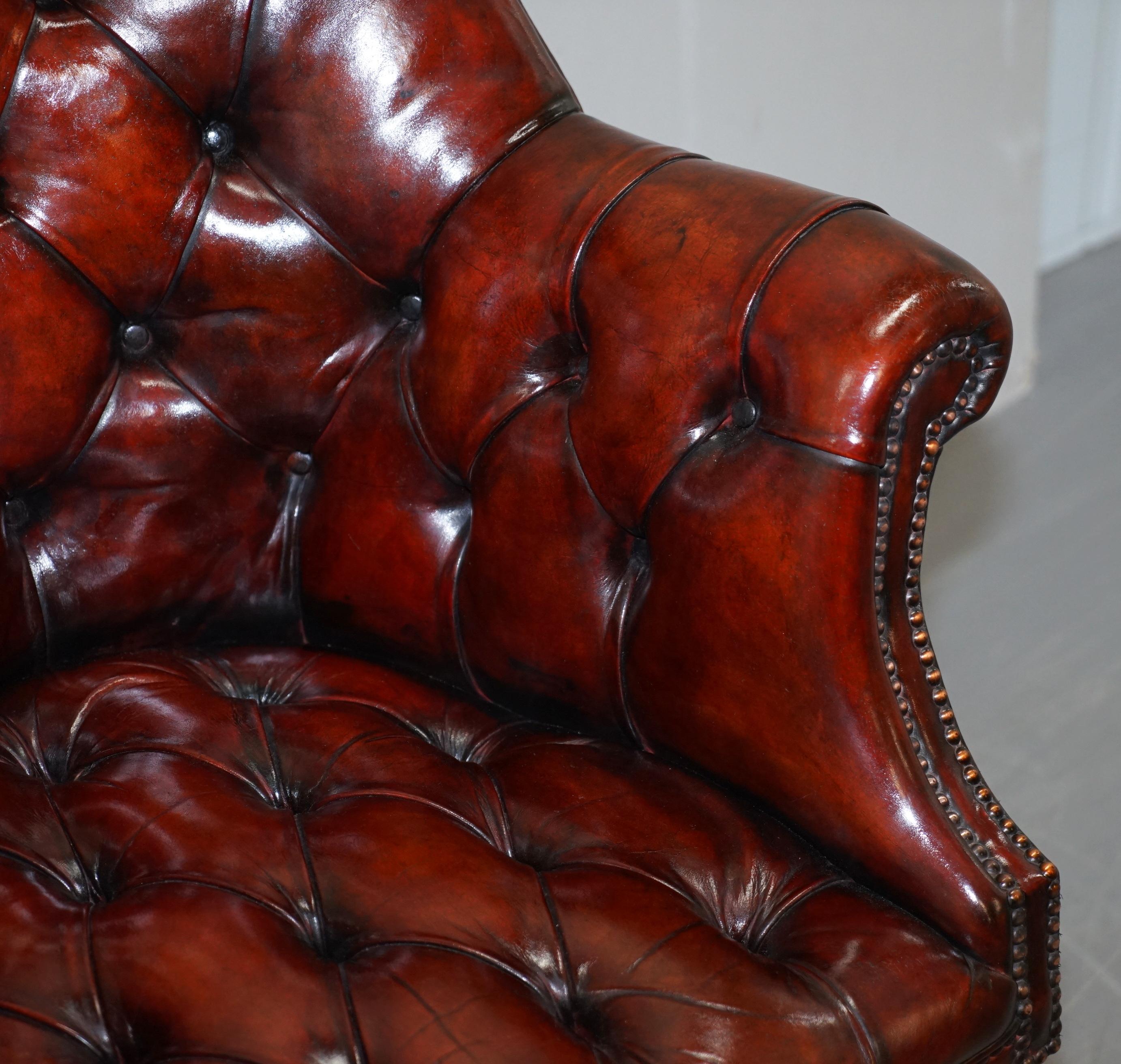 English Fully Restored Hardwood Brown Leather Chesterfield Captains Directors Armchair