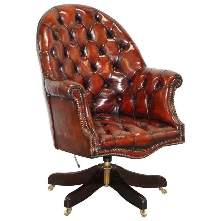 Fully Restored Hardwood Brown Leather Chesterfield Captains Directors  Armchair For Sale at 1stDibs