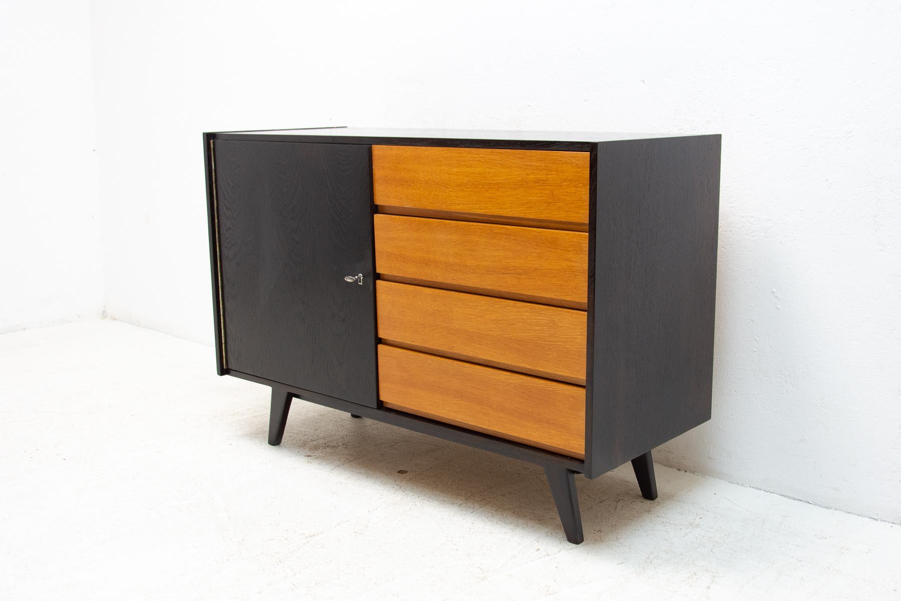 Mid-century chest of drawers, model no. U-458, designed by Jiri Jiroutek. It was made in the 1960´s and produced by “Interier Praha”. This model associated with world-renowned EXPO 58-“Brussels period”. It features Beech wood, plywood, veneered