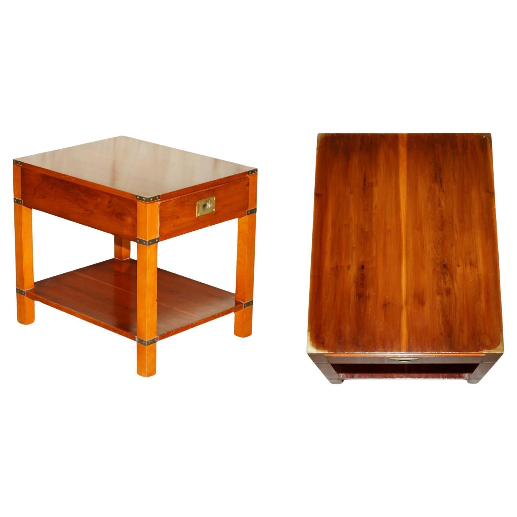 FULLY RESTORED MiLITARY CAMPAIGN STYLE YEW WOOD SINGLE DRAWER SIDE END TABLE For Sale