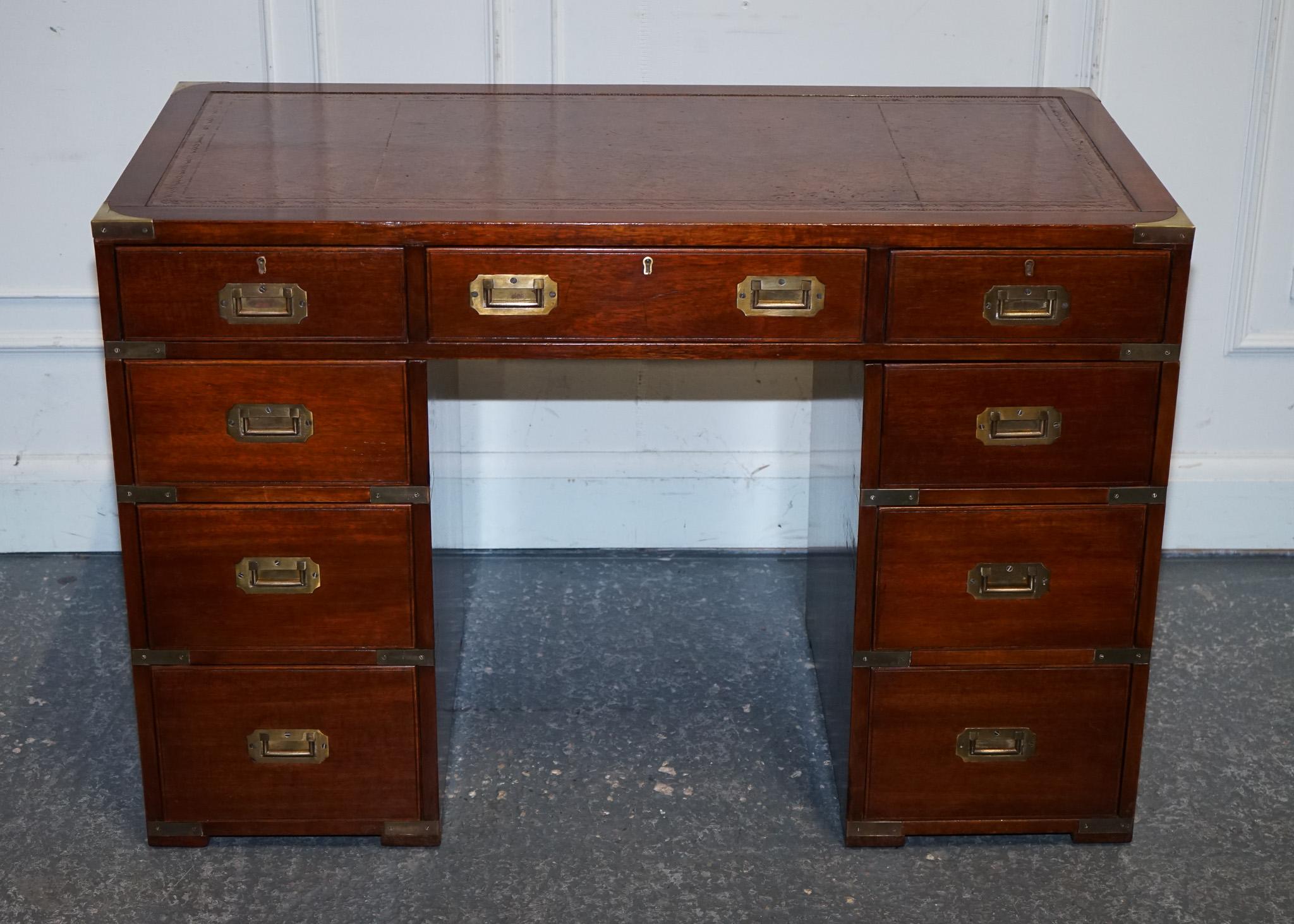 
Antiques of London



A magnificent, fully restored military campaign twin pedestal desk, finished to an exceptional standard with a traditional French polished surface and a beautifully hand-dyed brown leather top. This is a restoration where no