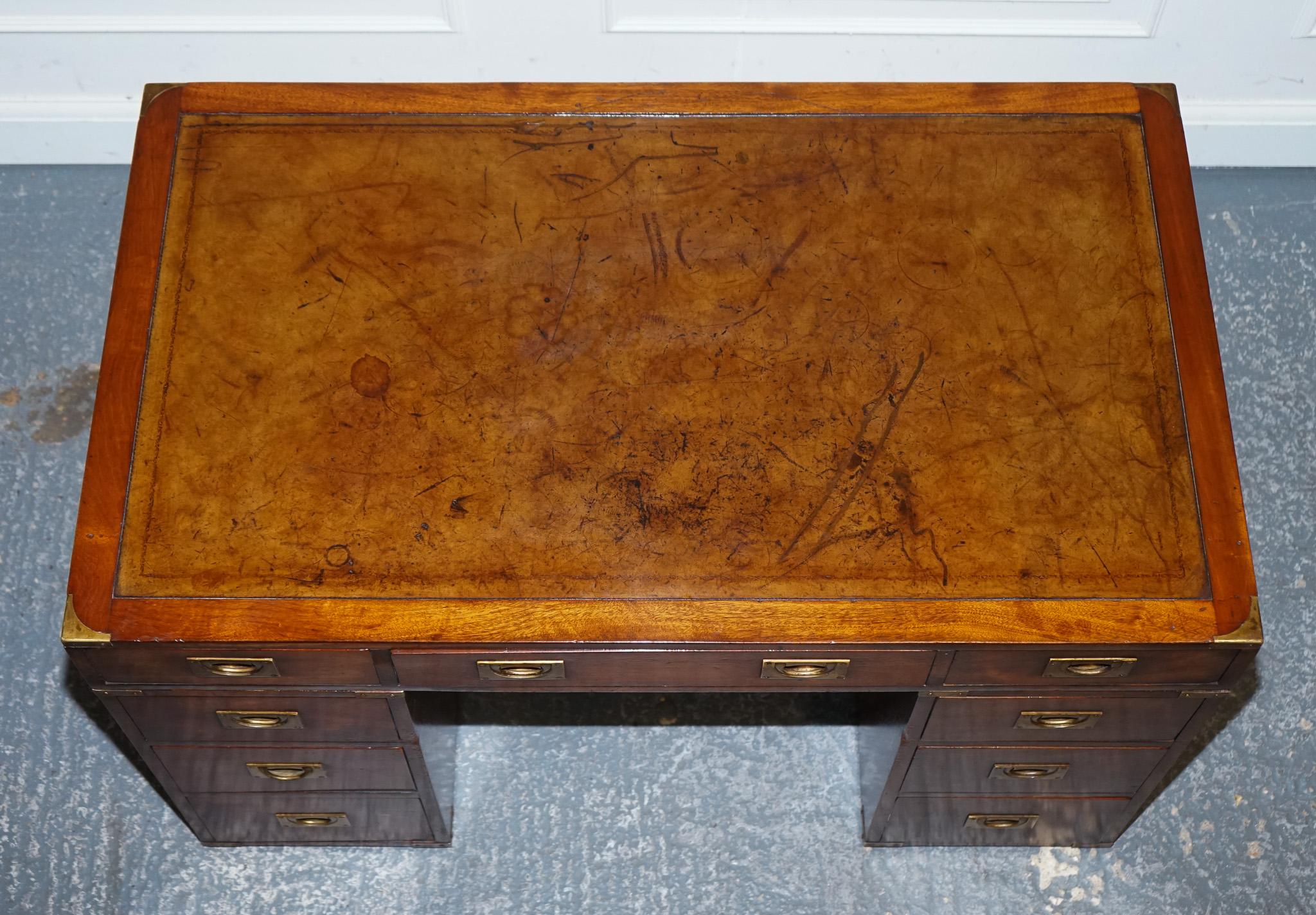 Leather FULLY RESTORED MILITARY CAMPAIGN TWIN PEDESTAL DESK WiTH BROWN LEATHER TOP For Sale