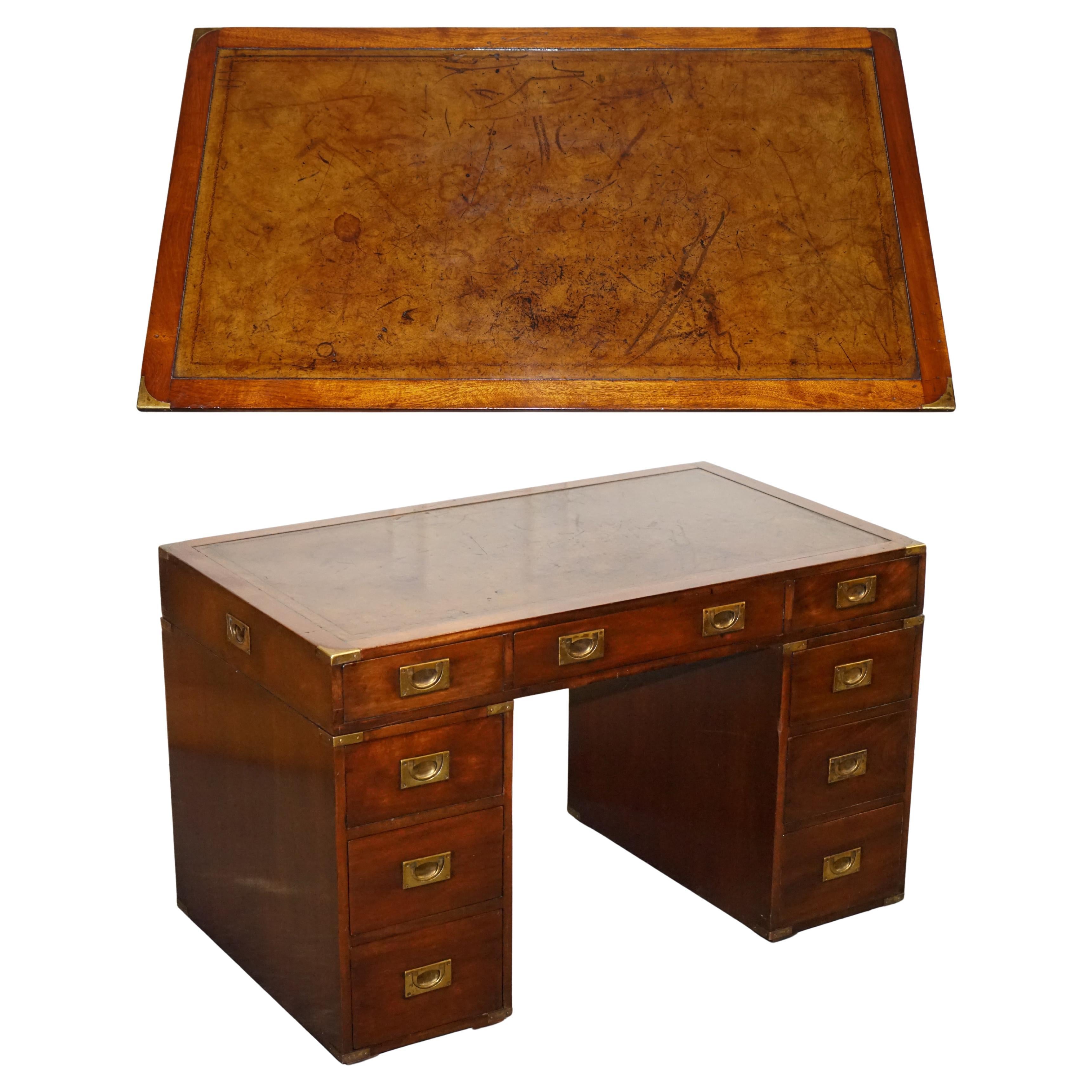 FULLY RESTORED MILITARY CAMPAIGN TWIN PEDESTAL DESK WiTH BROWN LEATHER TOP