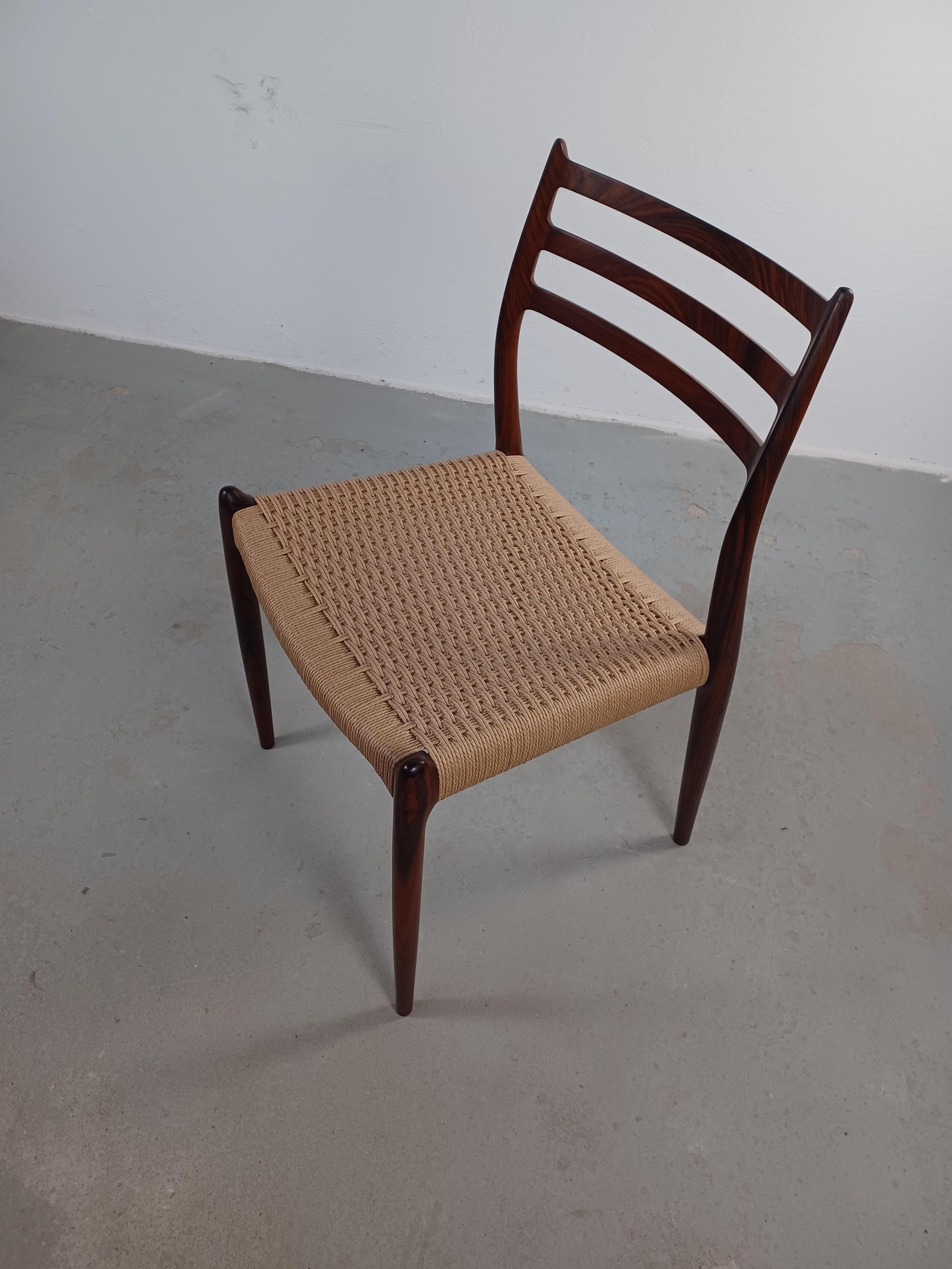 Danish Fully Restored Niels Otto Møller Model 78 Rosewood Dining Chair with Papercord  For Sale
