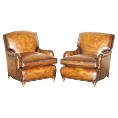 FULLY RESTORED PAIR OF ANTIQUE HOWARD & SON BRIDGEWATER BROWN LEATHER ARMCHAIRs
