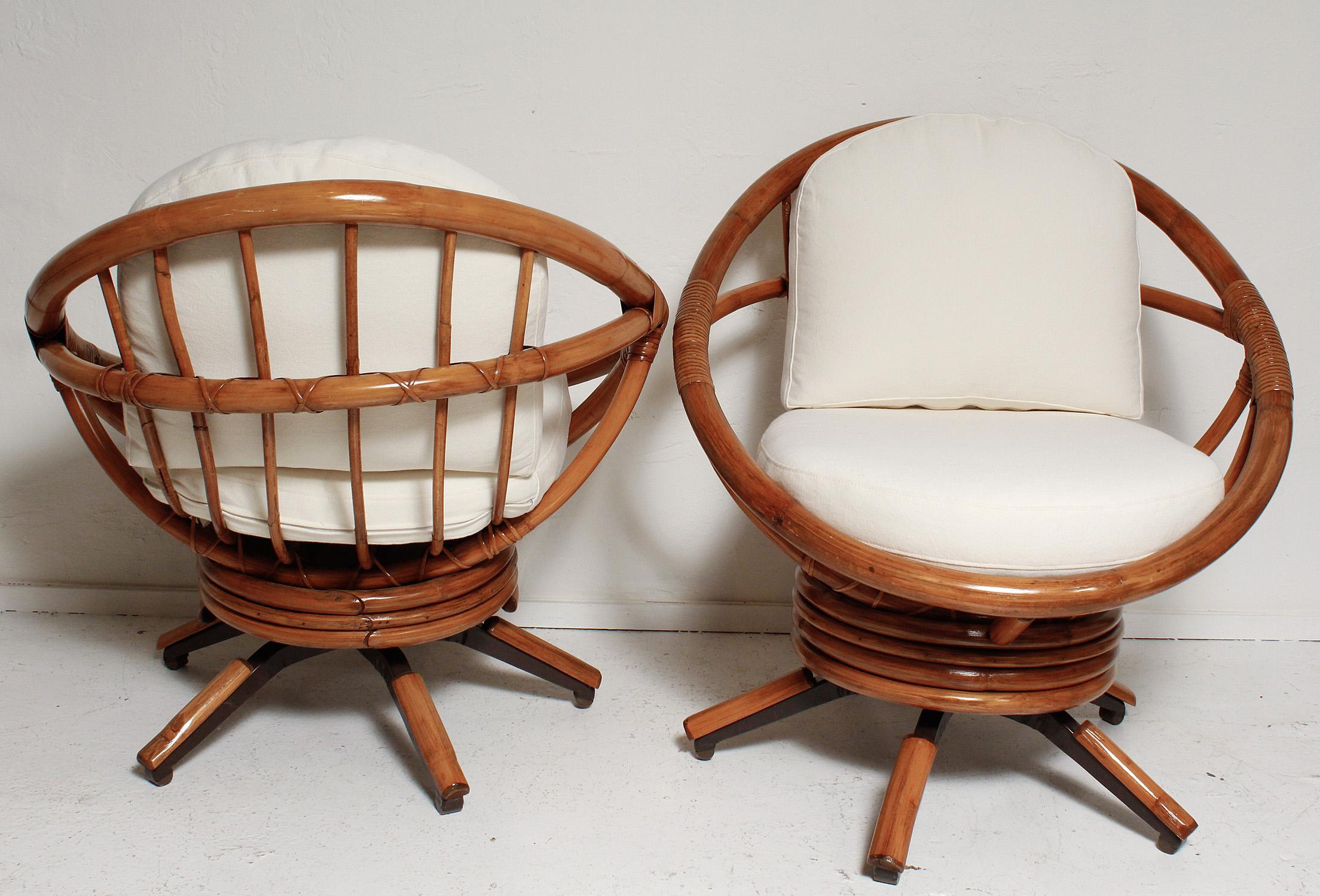 Mid-Century Modern Fully Restored Pair of Bamboo Swivel Chairs, American, circa 1960