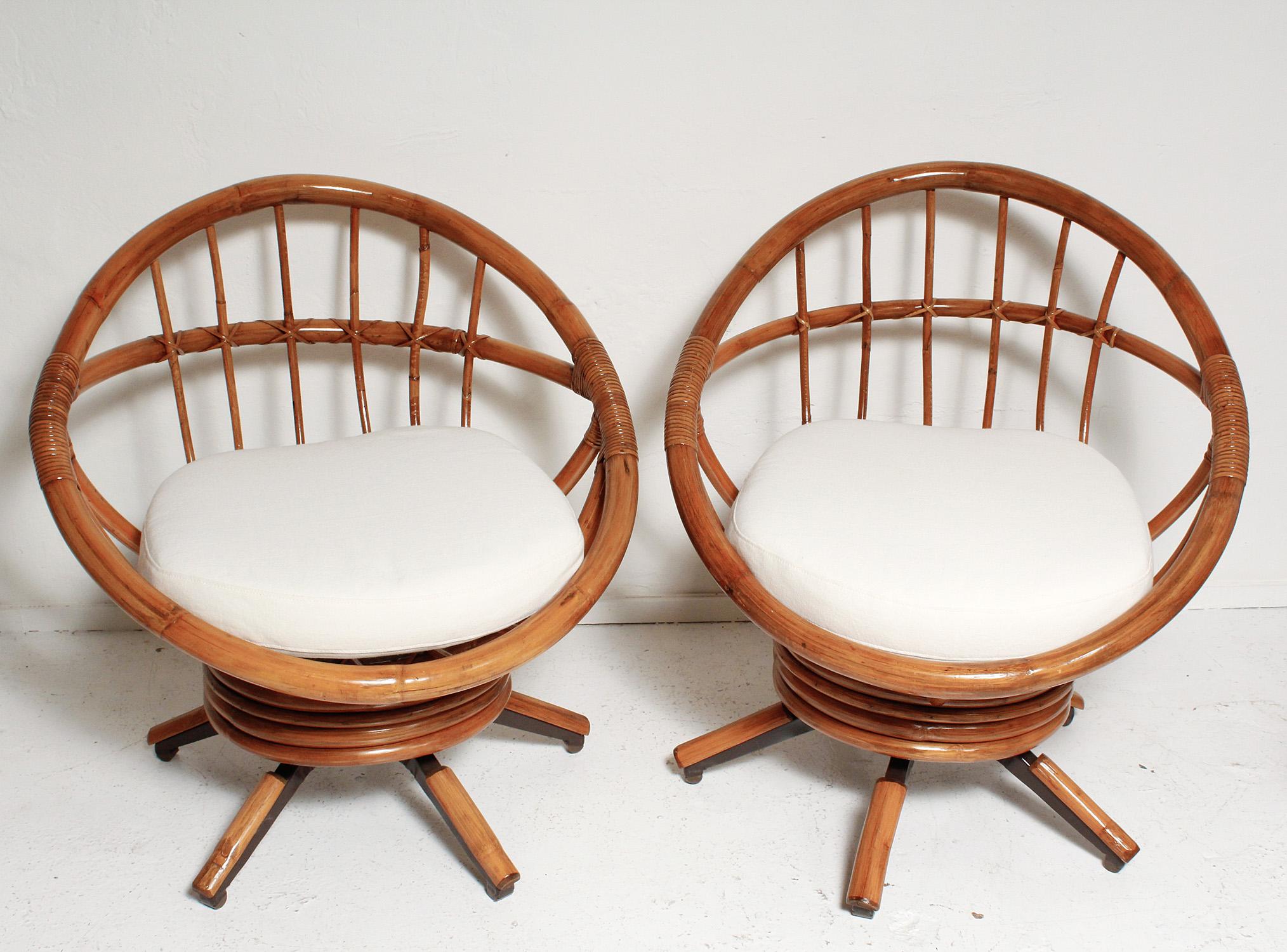 Painted Fully Restored Pair of Bamboo Swivel Chairs, American, circa 1960