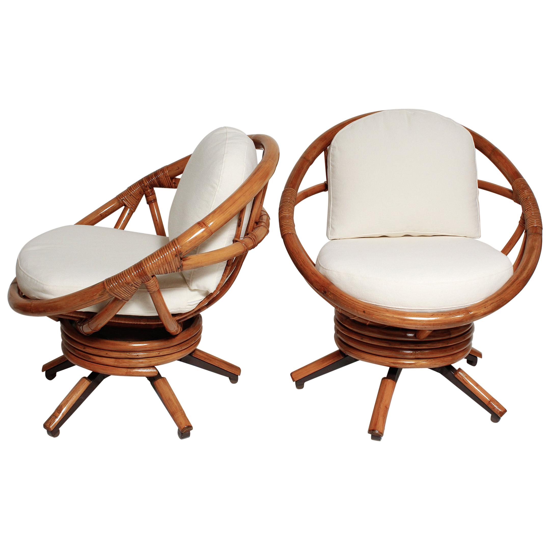 Fully Restored Pair of Bamboo Swivel Chairs, American, circa 1960