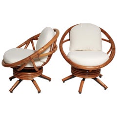 Vintage Fully Restored Pair of Bamboo Swivel Chairs, American, circa 1960