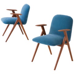 Fully Restored Pair of Blue Velvet and Teak Armchairs, 1950s