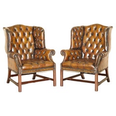 FULLY RESTORED PAIR OF HAND DYED BROWN LEATHER CHESTERFiELD WINGBACK ARMCHAIRS