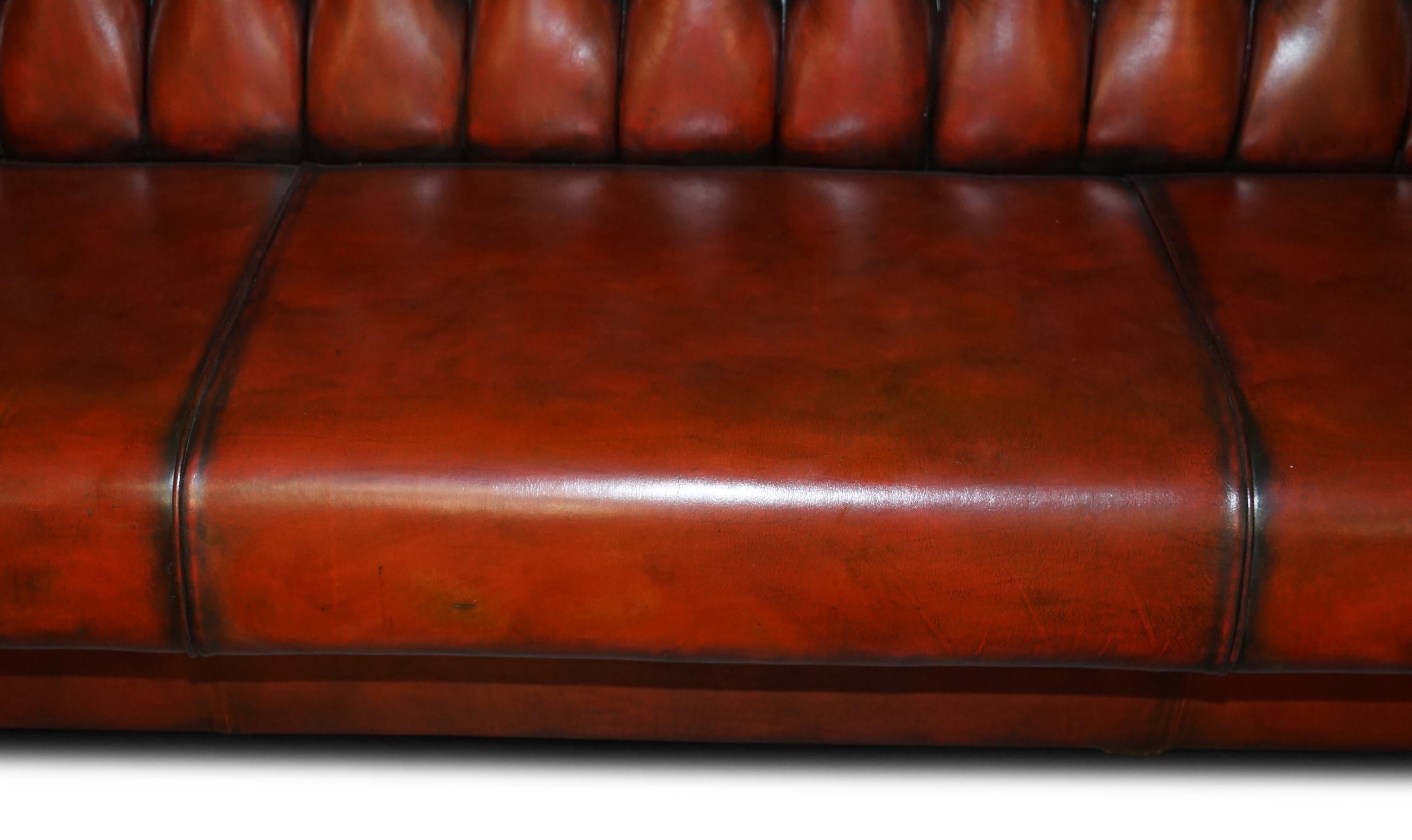 Fully Restored Pair of Huge 4-5 Seat Each Chesterfield Brown Leather Bench Sofas For Sale 7