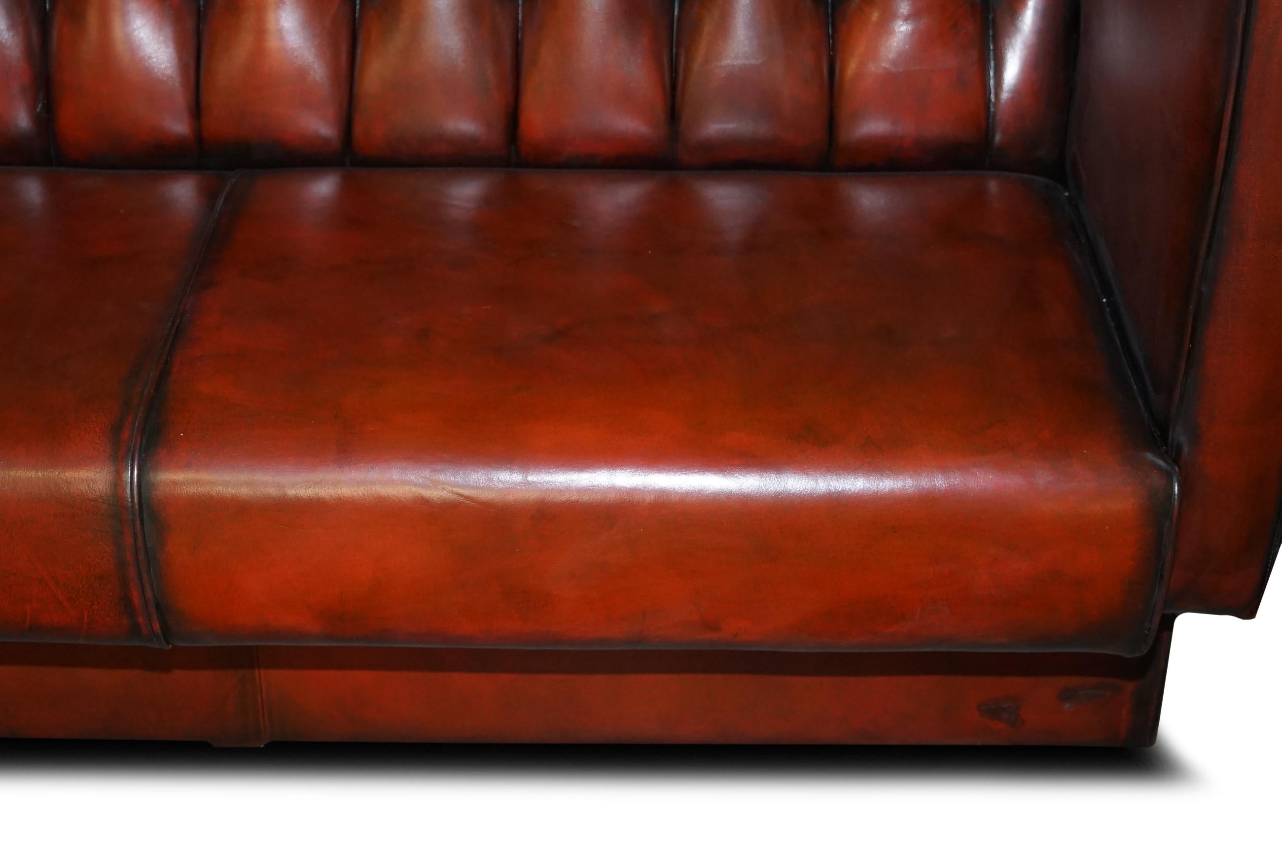 Fully Restored Pair of Huge 4-5 Seat Each Chesterfield Brown Leather Bench Sofas For Sale 8