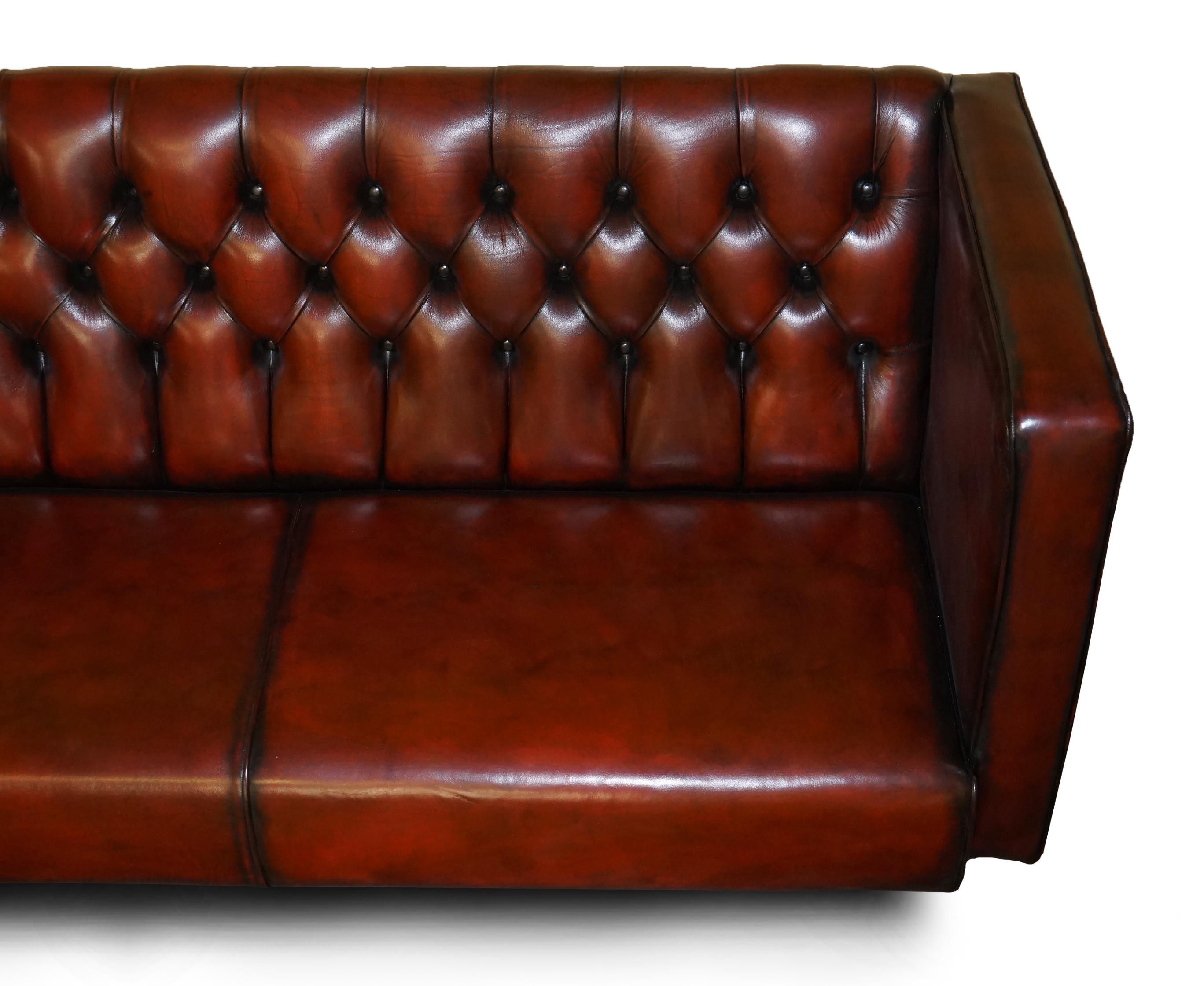 Hand-Crafted Fully Restored Pair of Huge 4-5 Seat Each Chesterfield Brown Leather Bench Sofas For Sale