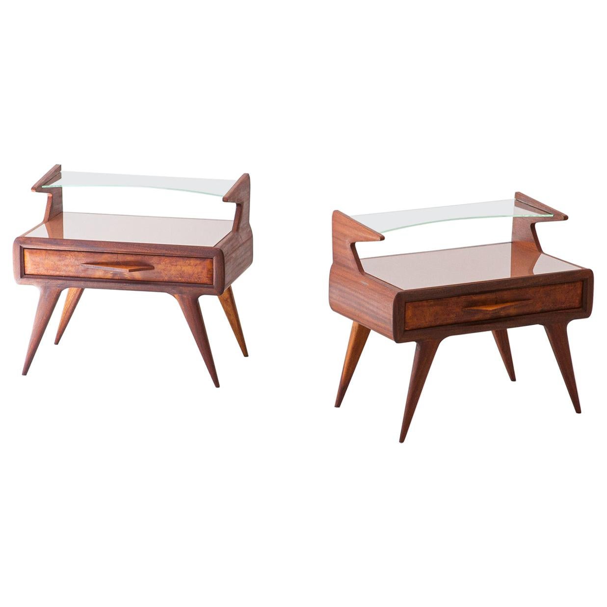 Fully Restored Pair of Italian Bedside Tables with Glass Top, 1950s