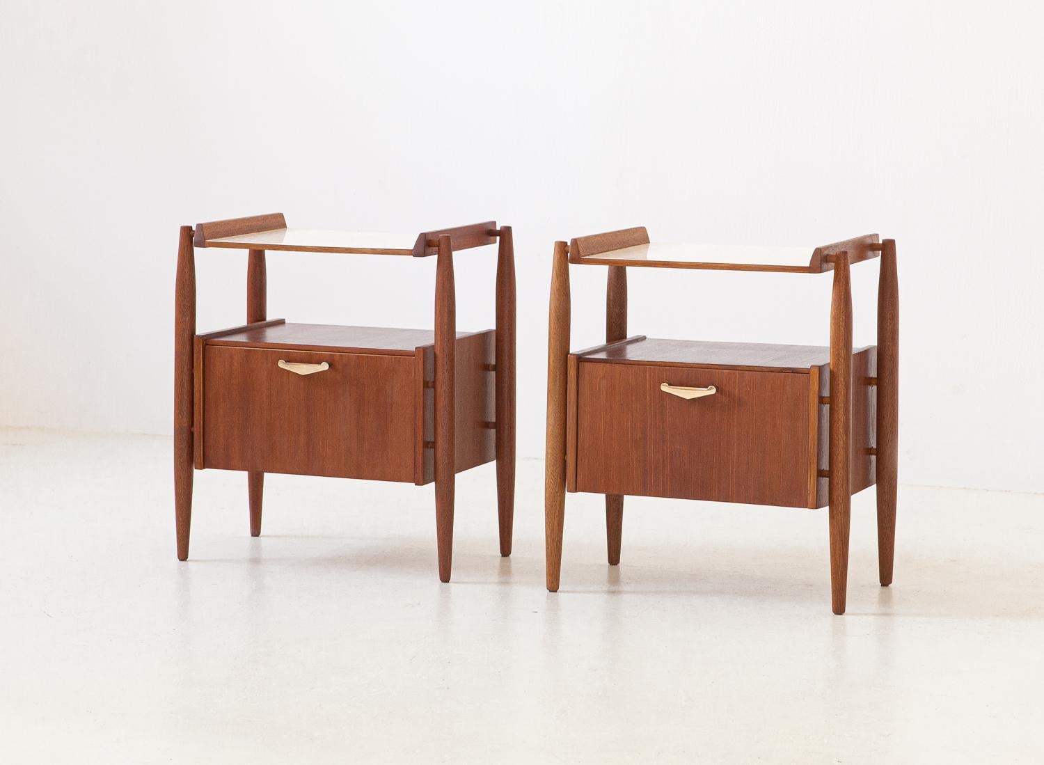 Mid-Century Modern Fully Restored Pair of Italian Teak and brass Bedside Tables