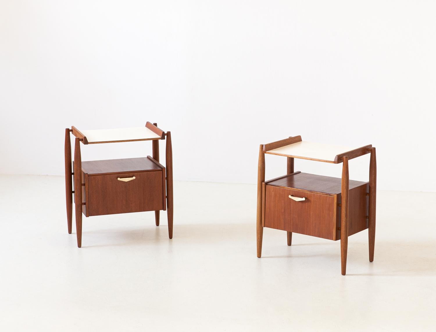 Mid-20th Century Fully Restored Pair of Italian Teak and brass Bedside Tables