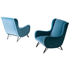 Vintage Fully Restored Pair of Rare Italian Light Blue Velvet Lounge Chairs