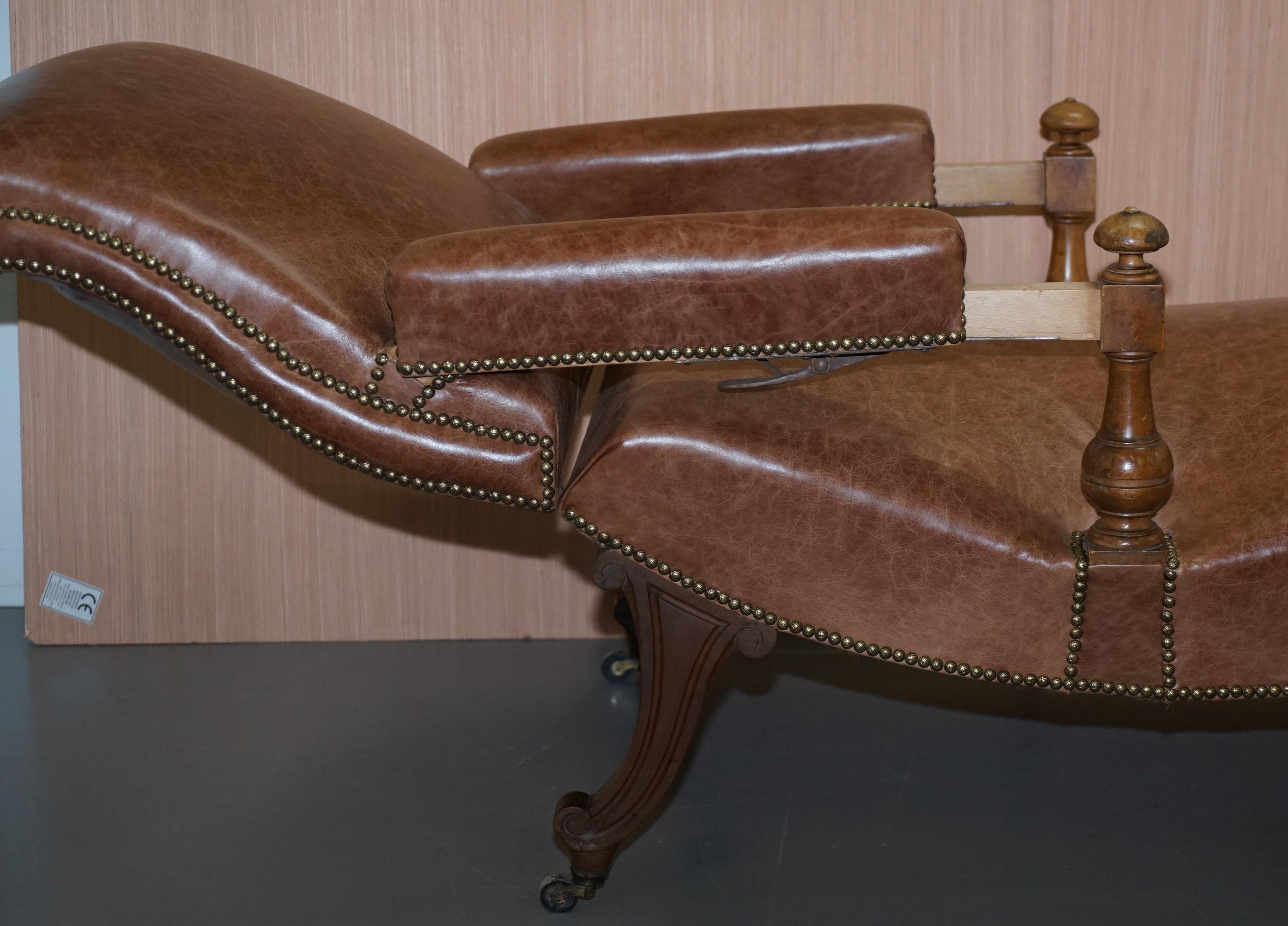 Fully Restored Recliner Chaise Lounge CIR 1860 Victorian Brown Leather Armchair For Sale 5