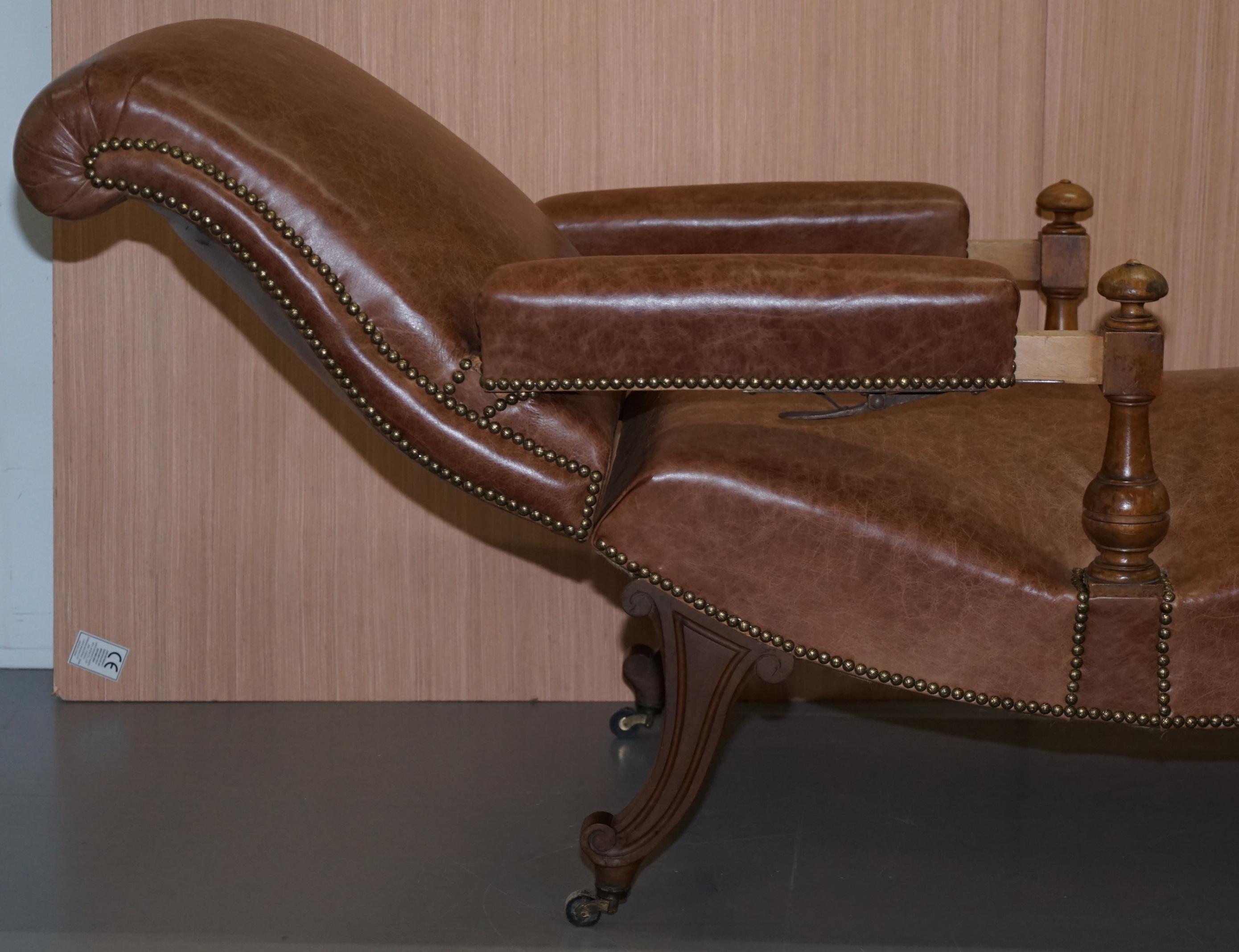 Fully Restored Recliner Chaise Lounge CIR 1860 Victorian Brown Leather Armchair For Sale 6