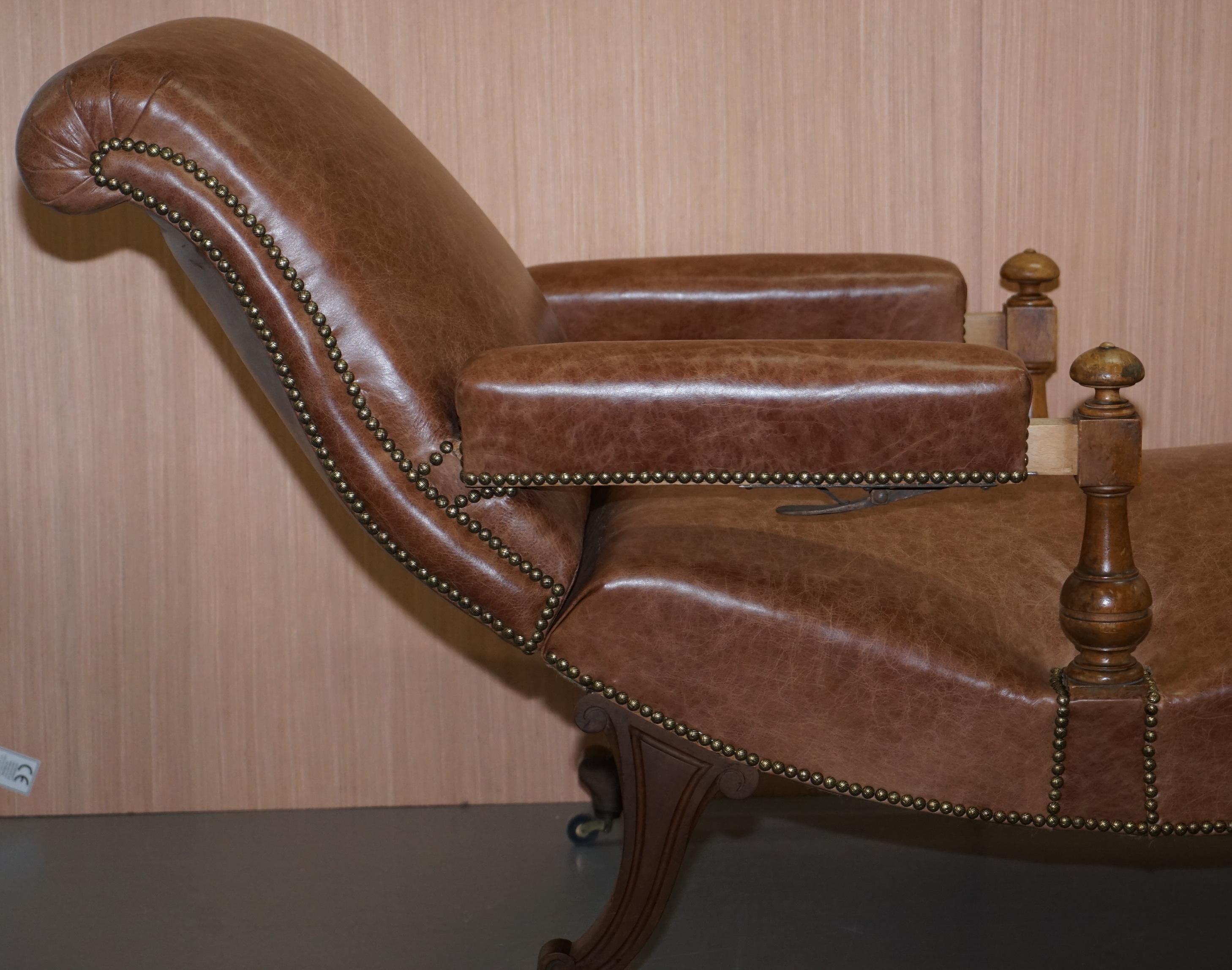 Fully Restored Recliner Chaise Lounge CIR 1860 Victorian Brown Leather Armchair For Sale 7