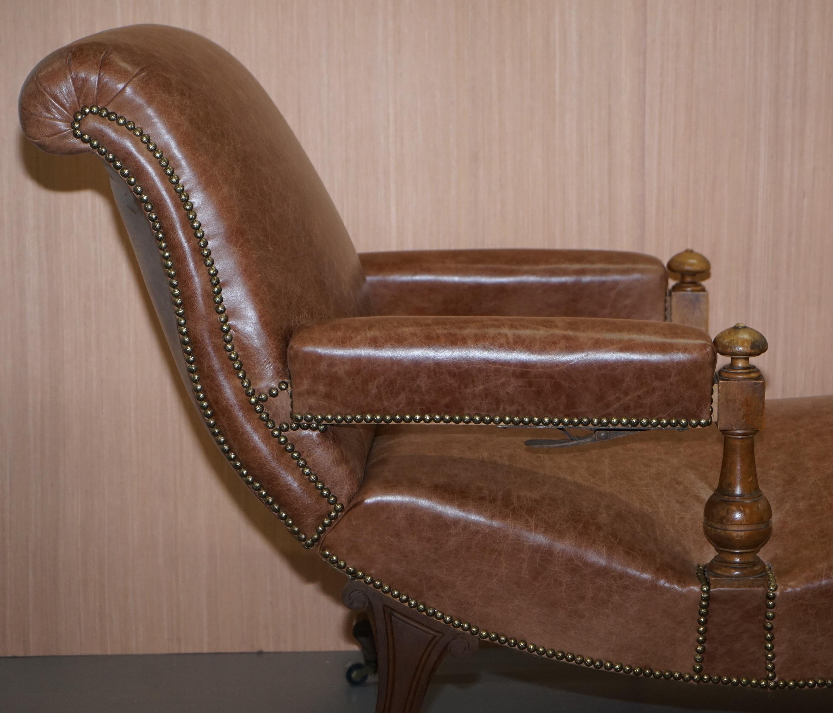 Fully Restored Recliner Chaise Lounge CIR 1860 Victorian Brown Leather Armchair For Sale 8