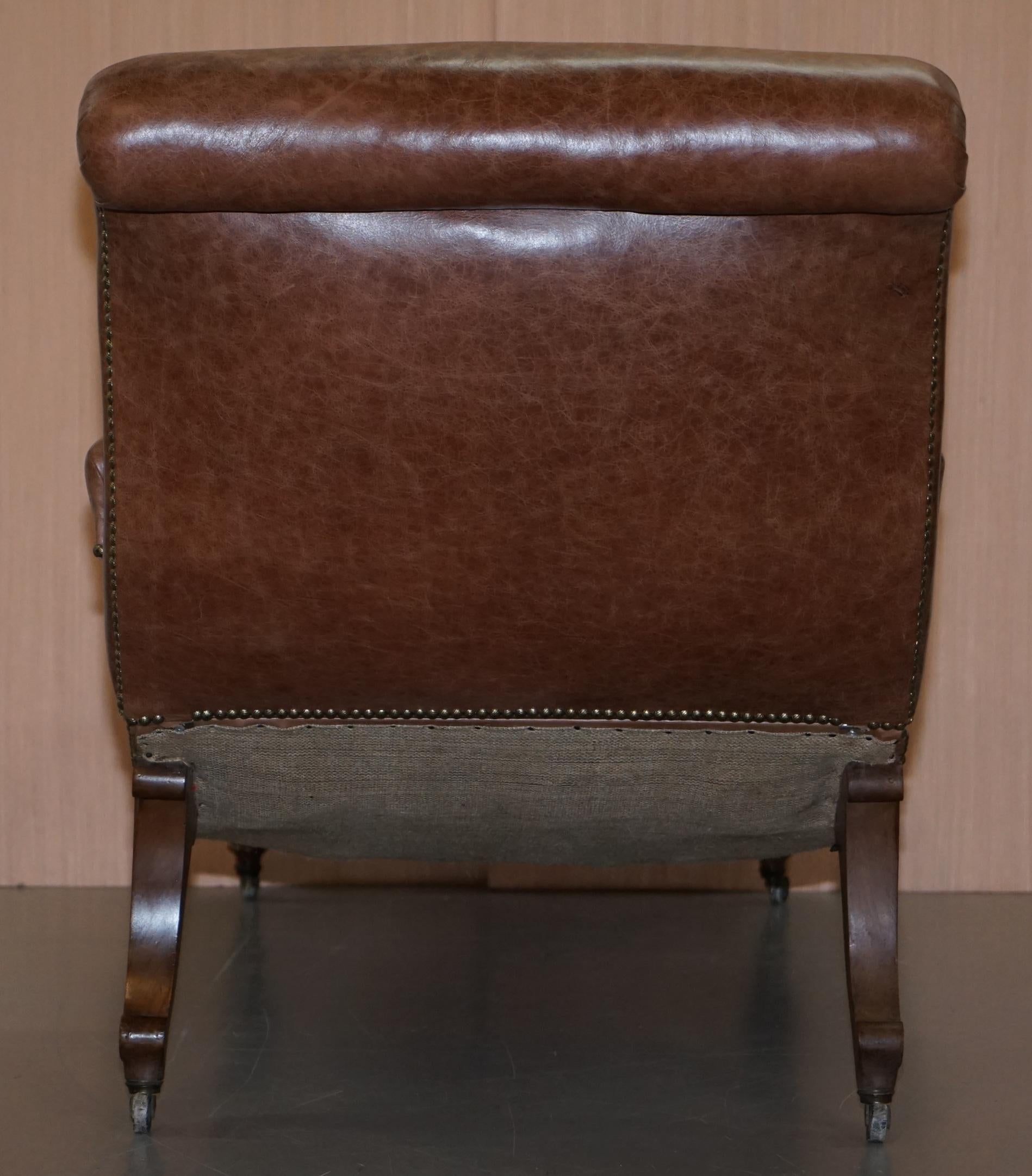 Fully Restored Recliner Chaise Lounge CIR 1860 Victorian Brown Leather Armchair For Sale 9