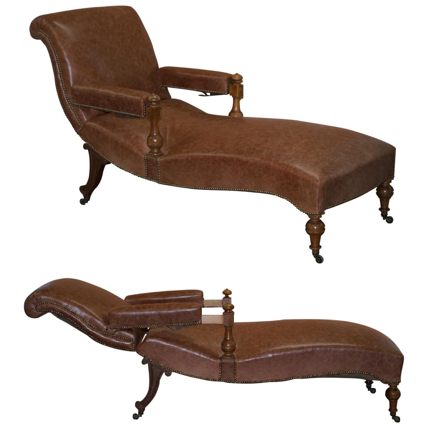 Fully Restored Recliner Chaise Lounge CIR 1860 Victorian Brown Leather Armchair For Sale