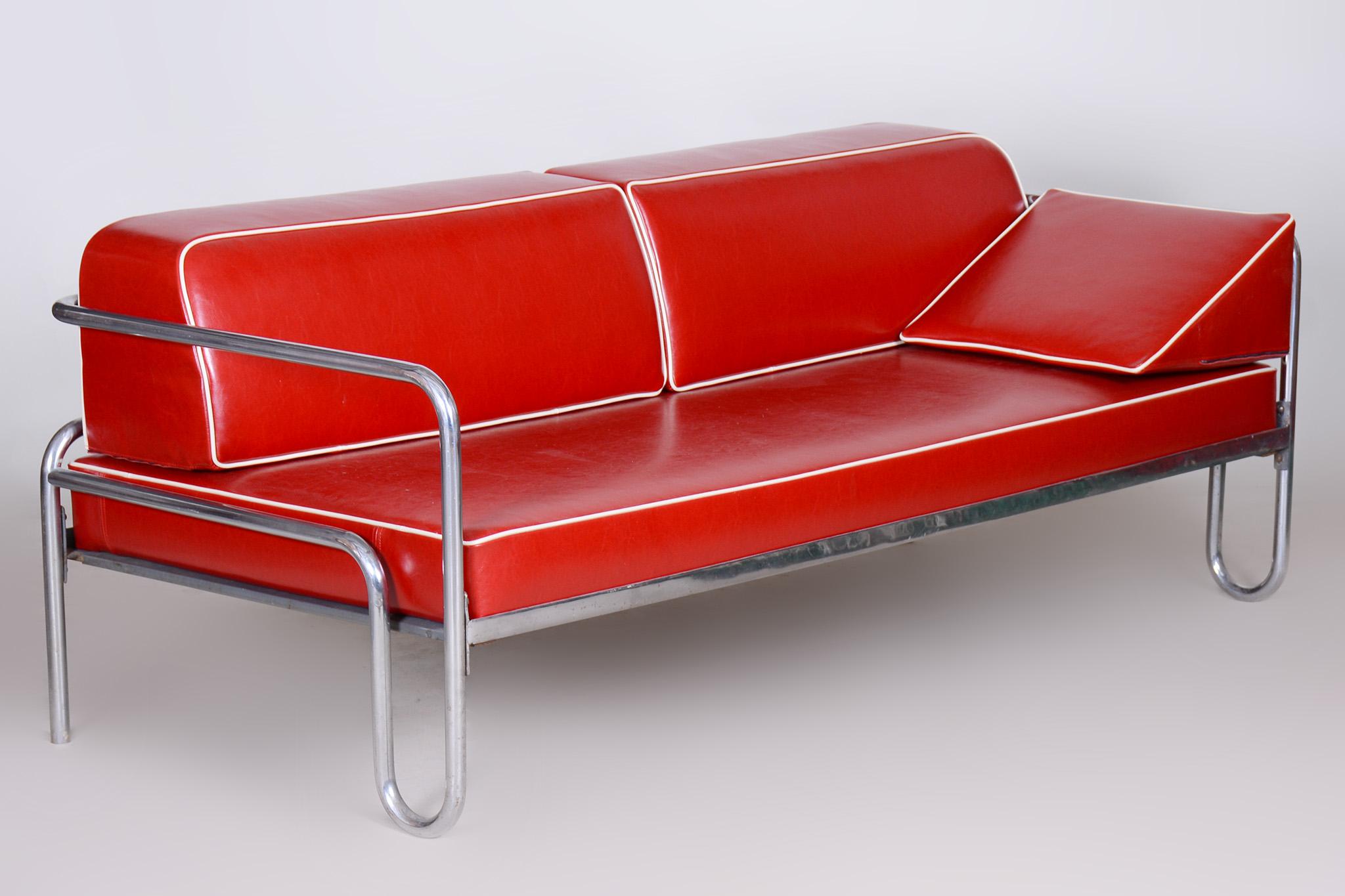 Vollständig restauriertes rotes Bauhaus-Sofa, hochwertiges Leder, Chromrotes Rohrrohr, 1930er Jahre im Angebot 5