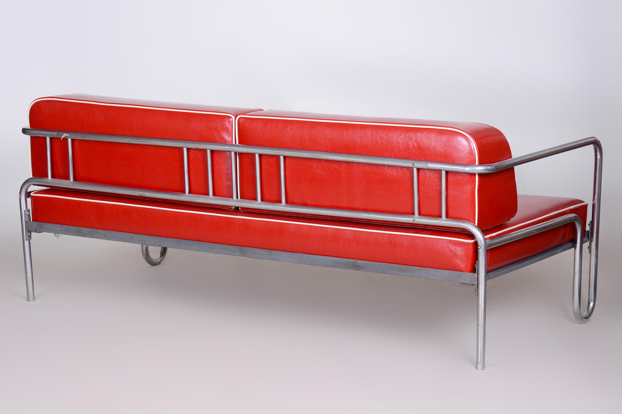 Vollständig restauriertes rotes Bauhaus-Sofa, hochwertiges Leder, Chromrotes Rohrrohr, 1930er Jahre im Angebot 3
