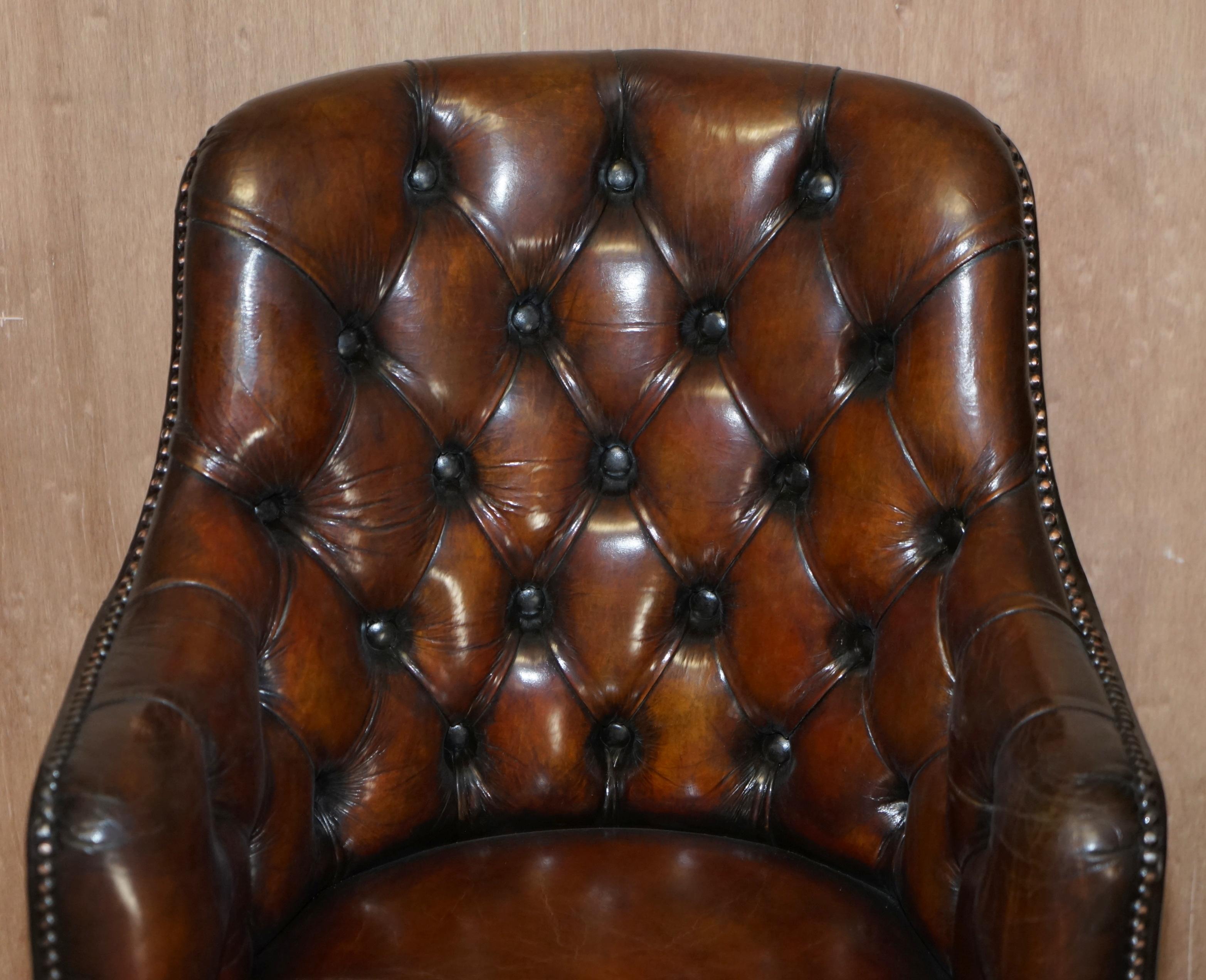 English Fully Restored Rich Cigar Brown Leather Chesterfield Directors Captains Chair