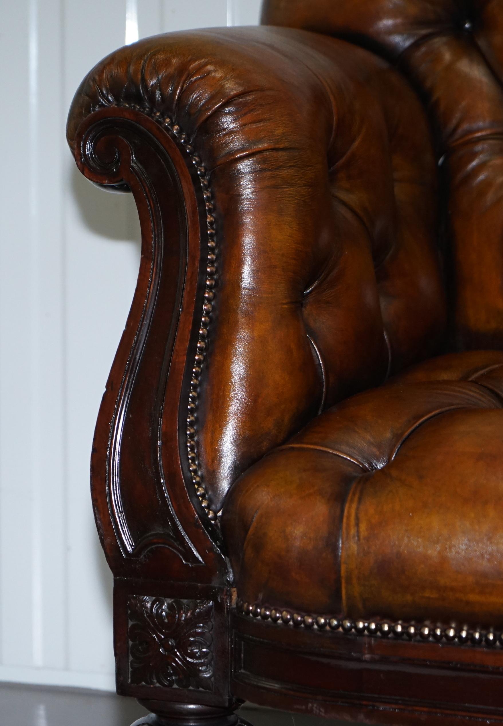 Fully Restored Show Frame Victorian Redwood Chesterfield Brown Leather Sofa 4