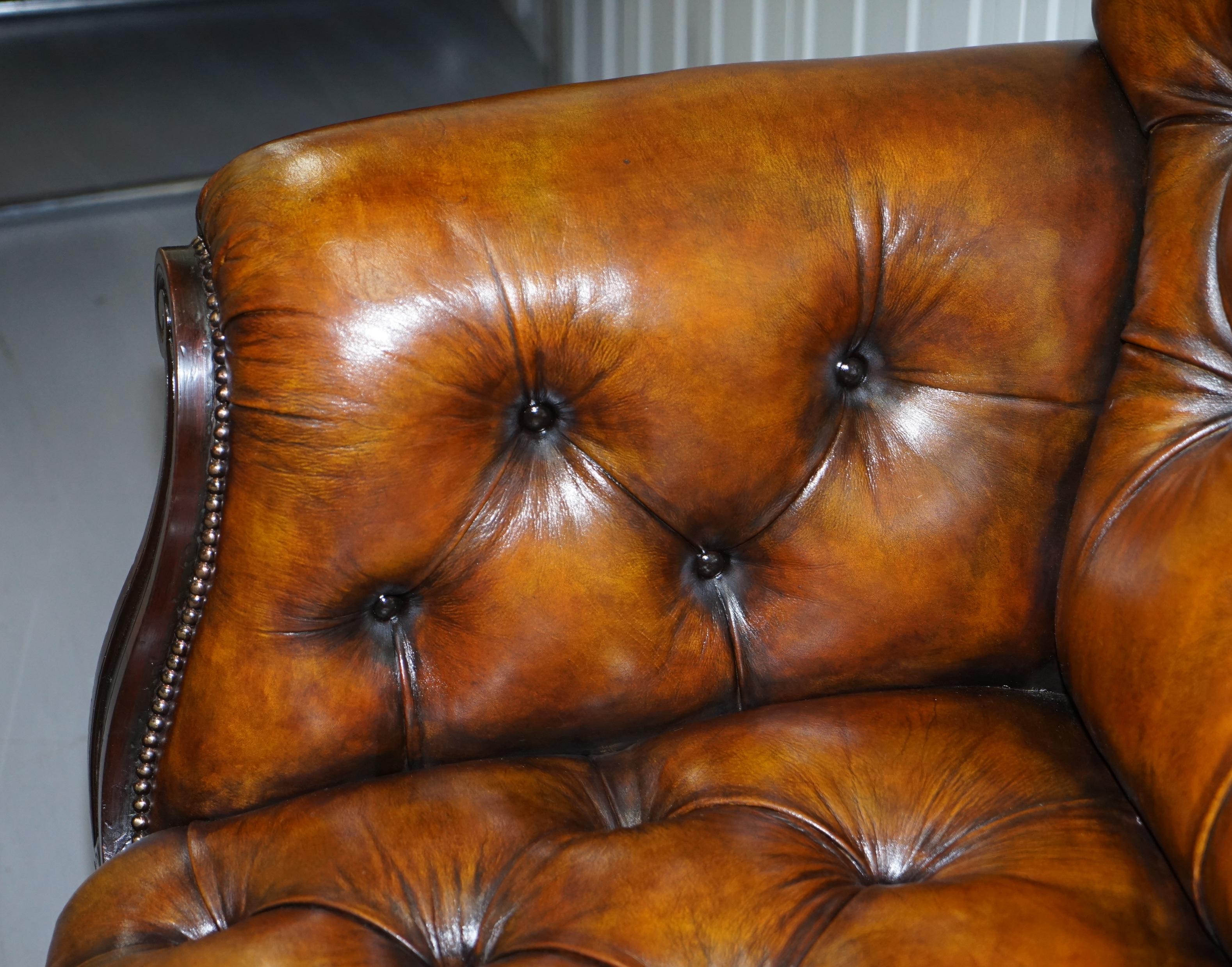 English Fully Restored Show Frame Victorian Redwood Chesterfield Brown Leather Sofa