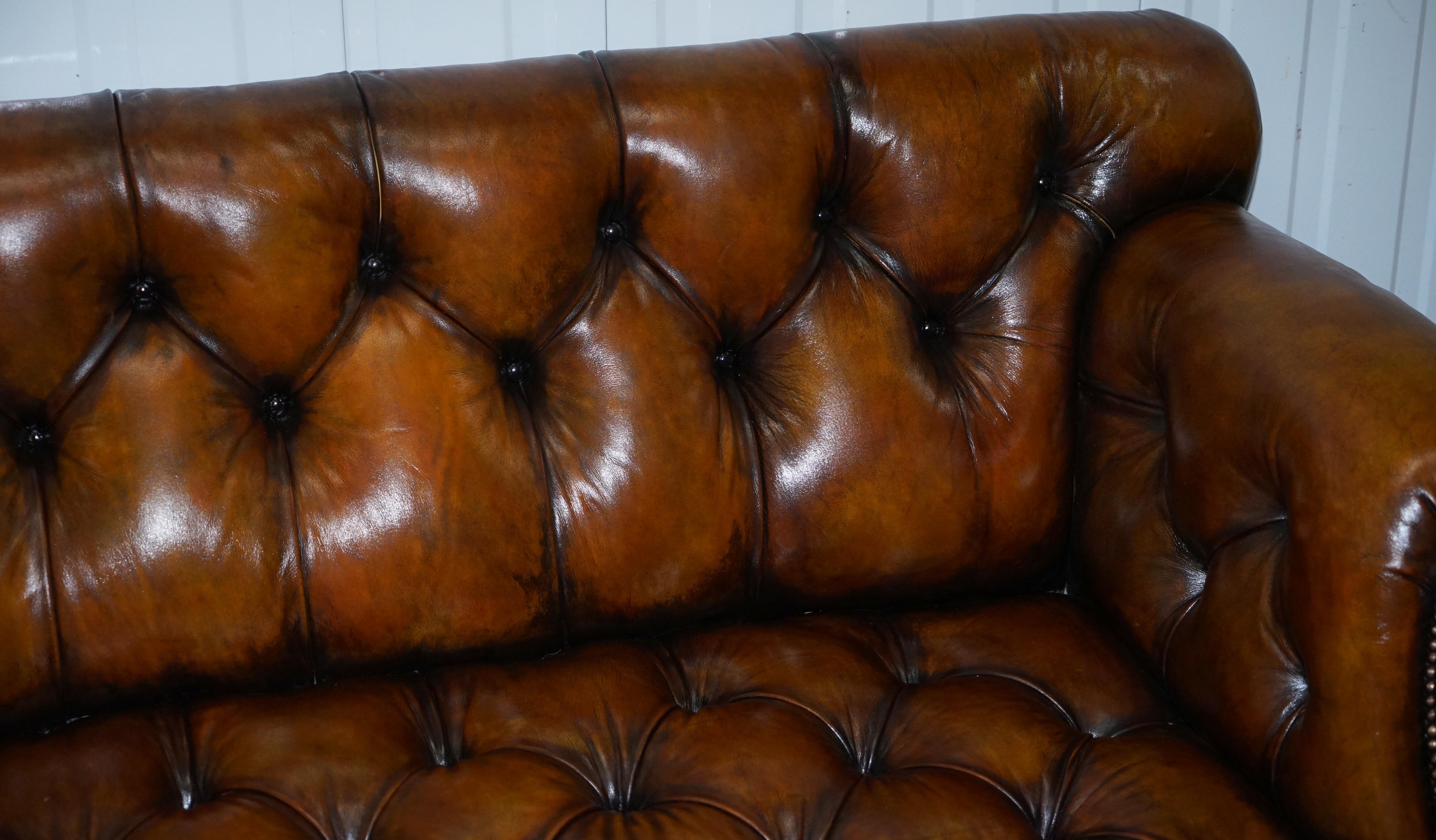 19th Century Fully Restored Show Frame Victorian Redwood Chesterfield Brown Leather Sofa
