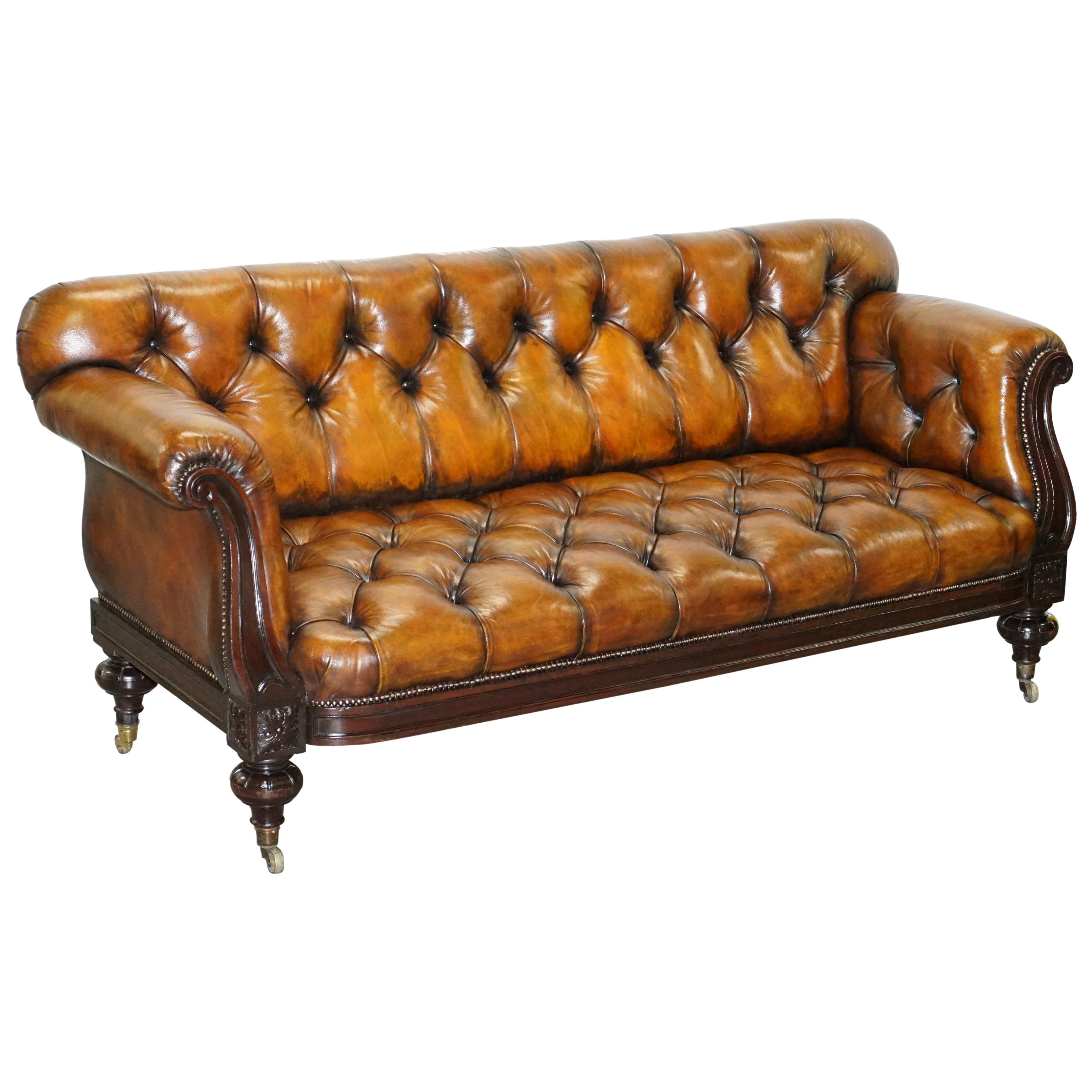 Fully Restored Show Frame Victorian Redwood Chesterfield Brown Leather Sofa