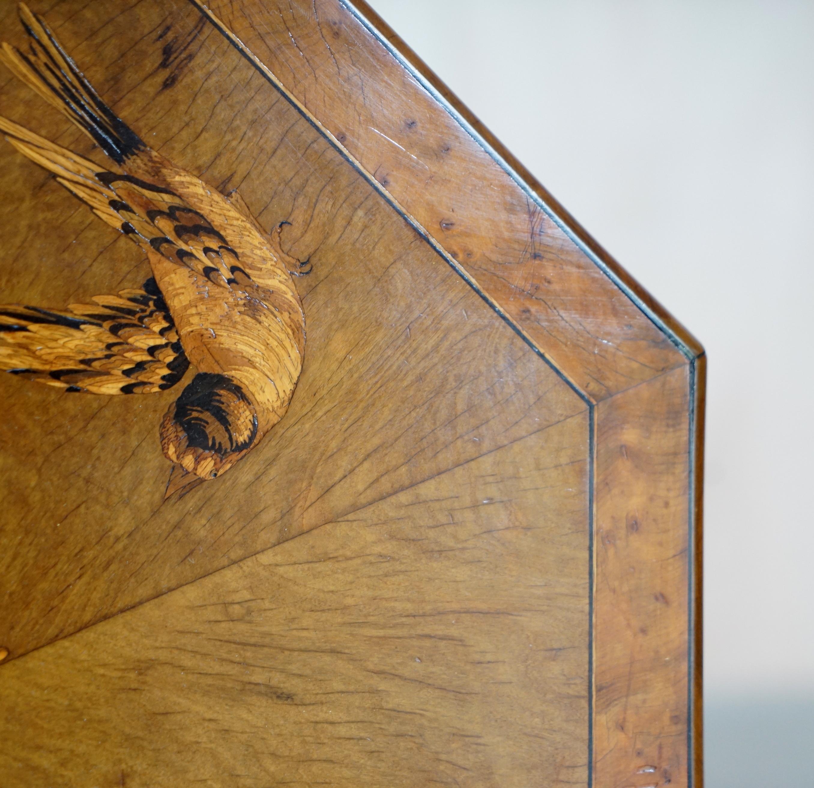 Fully Restored Sublime Antique Marquetry Inlaid Bird Occasional Side Lamp Table For Sale 5