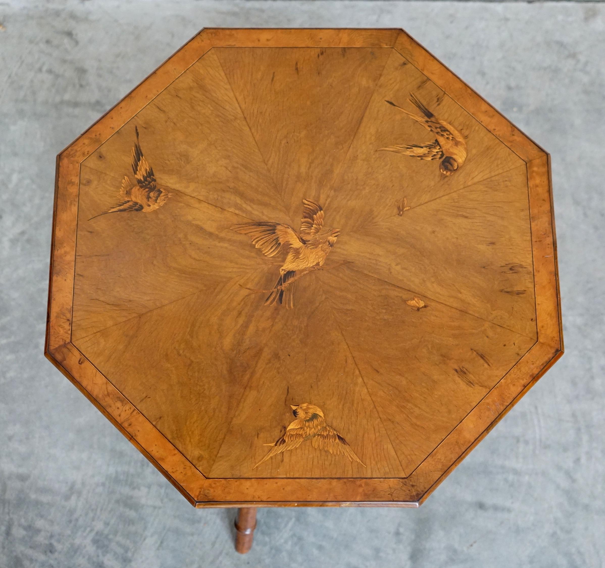 English Fully Restored Sublime Antique Marquetry Inlaid Bird Occasional Side Lamp Table For Sale